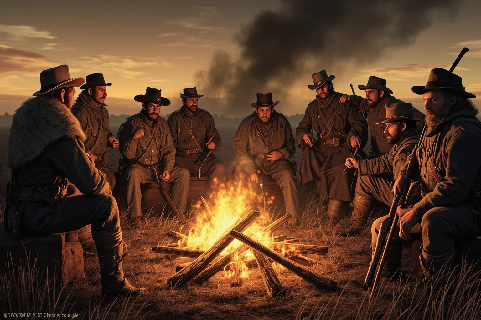 The Mad Baron Who Conquered Mongolia: The Bloody Life of Roman von Ungern-Sternberg 8 A ragged group of civil war era cavalry soldiers gathered around a campfire on the steppe, illustrative art