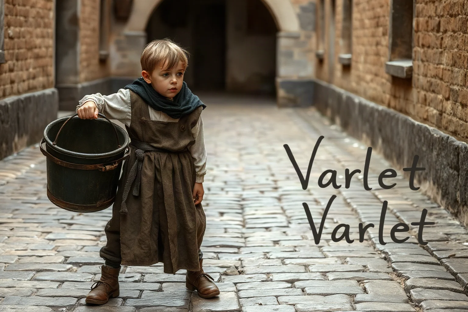 A ragged medieval servant boy carrying a bucket through a cobblestone courtyard, representing the word 'Varlet'