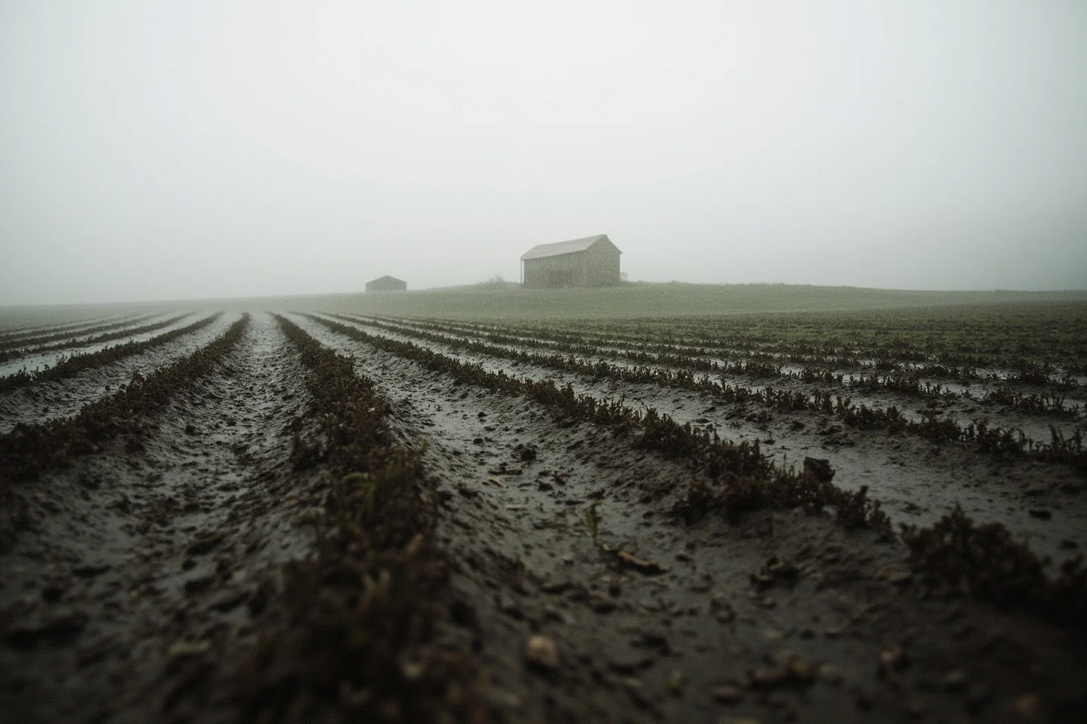 A rain-soaked 19th-century Irish potato field with a small stone cottage in the misty background