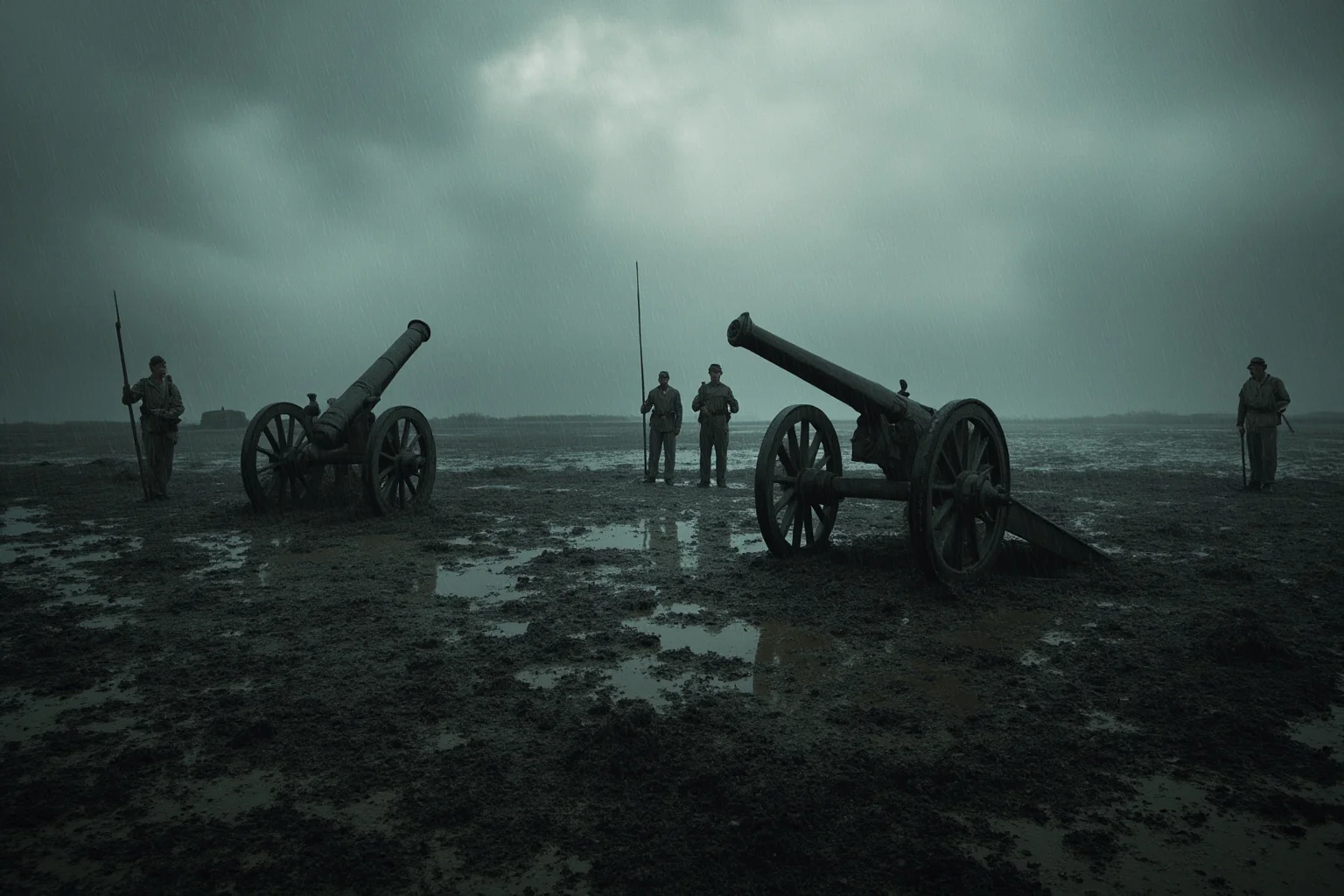 A rain-soaked muddy field with 19th-century cannons and soldiers under heavy grey clouds