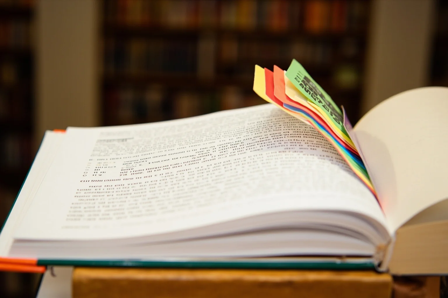 A rainbow-colored bookmark tucked into an open graphic novel on a library table
