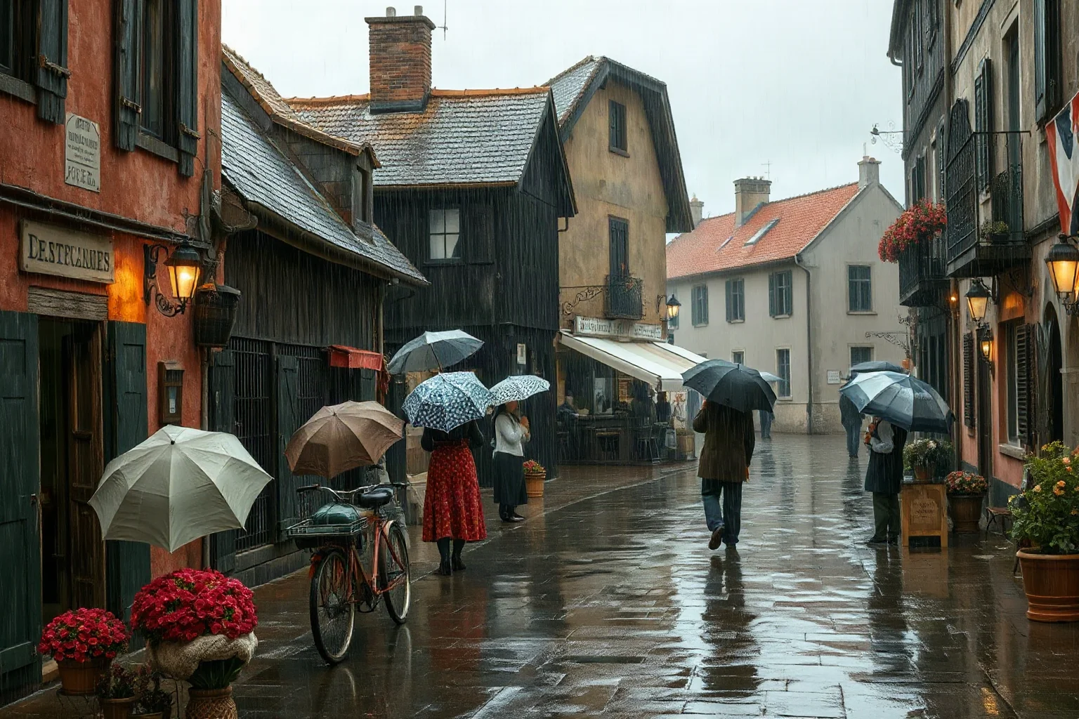 A rainy, gloomy European village street scene in summer with people huddled under umbrellas, 19th-century historical art style