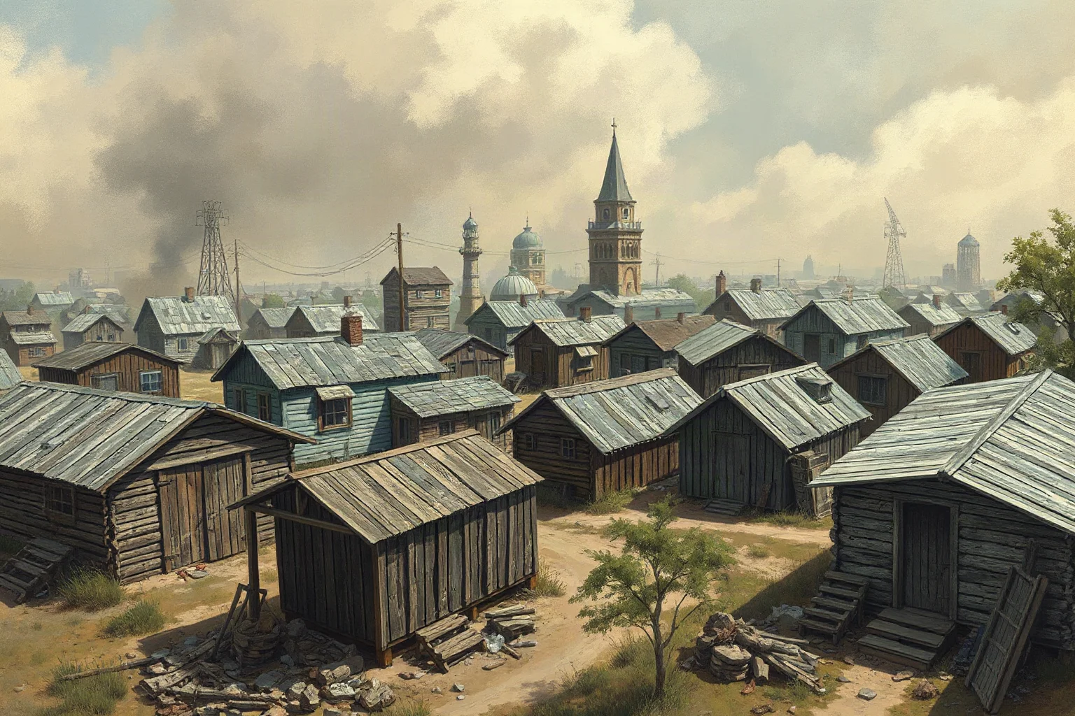 A ramshackle shantytown of wooden and tin shacks on the edge of a city, Great Depression era illustration