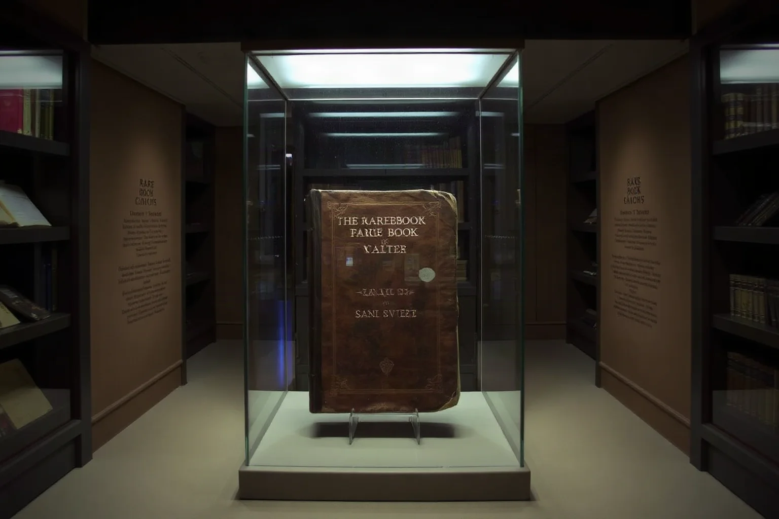 A rare book vault interior with a single old leather-bound manuscript displayed under glass, soft archival lighting, no visible people