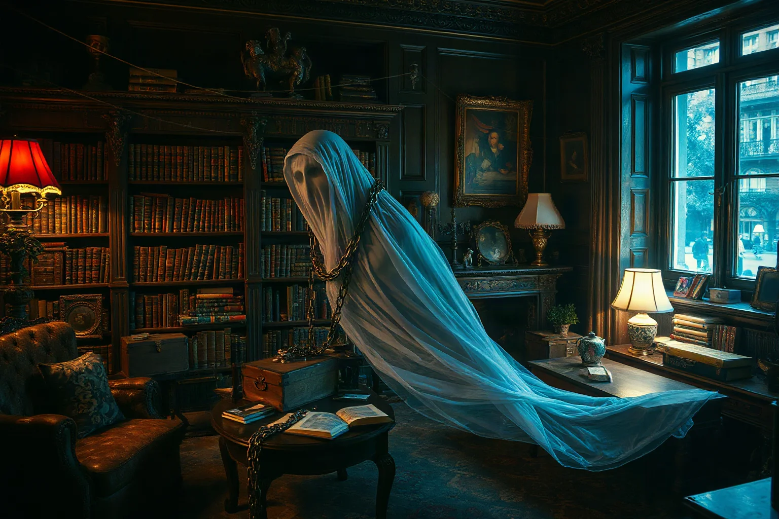 A rattling ghostly figure wrapped in heavy chains and cash boxes drifting through a Victorian London study at night