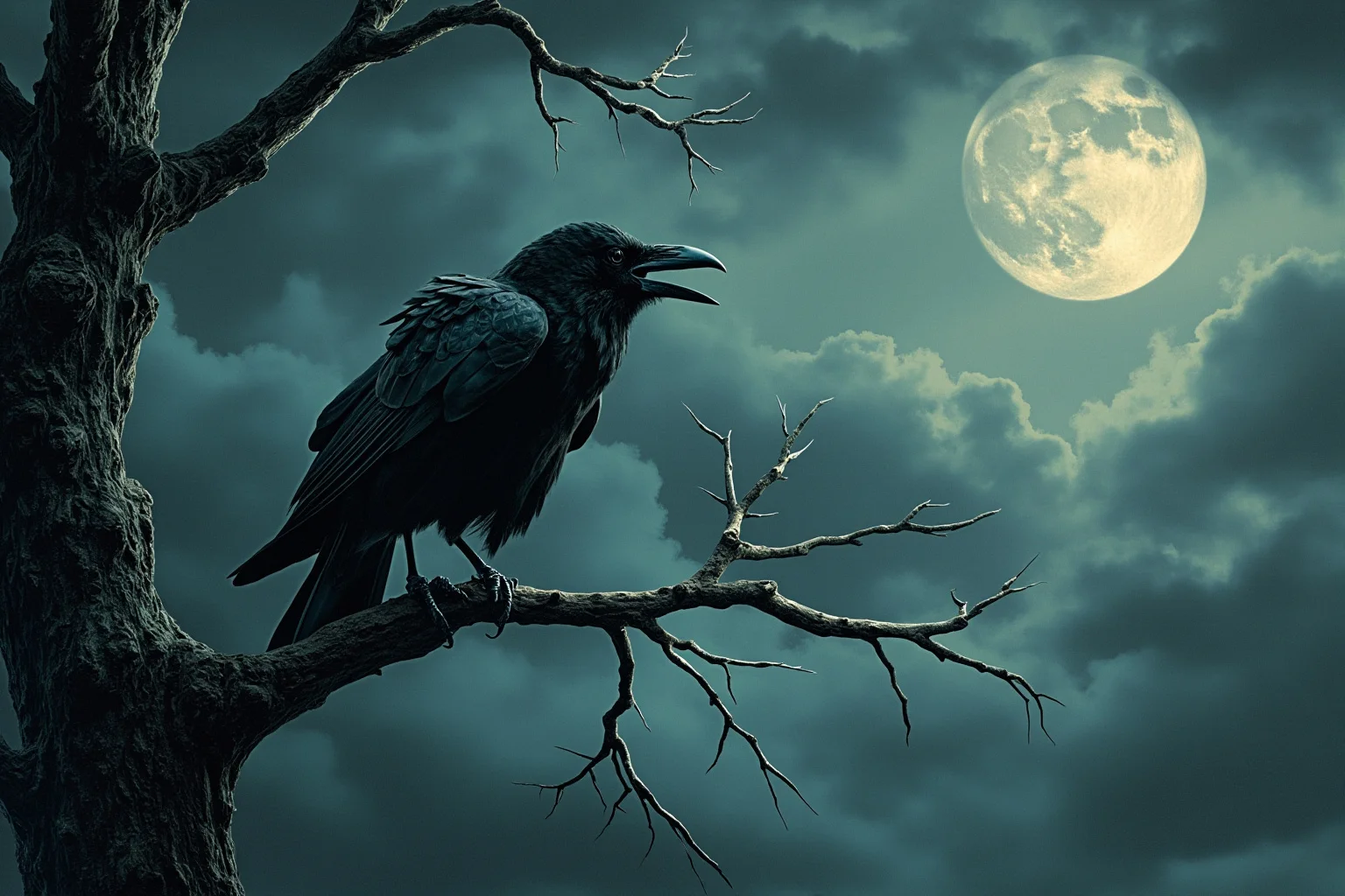 Familiars: The Long, Strange History of the Witch's Animal Companion 9 A raven perched on a bare tree branch against a stormy sky, gothic historical illustration