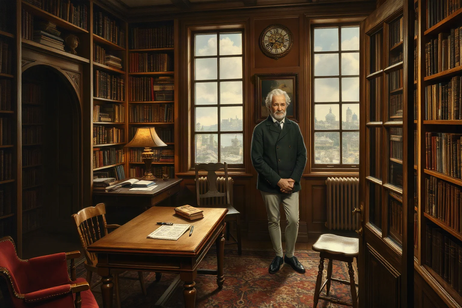 A reclusive 18th-century scientist in a book-filled study, writing a note instead of speaking to a servant at the door