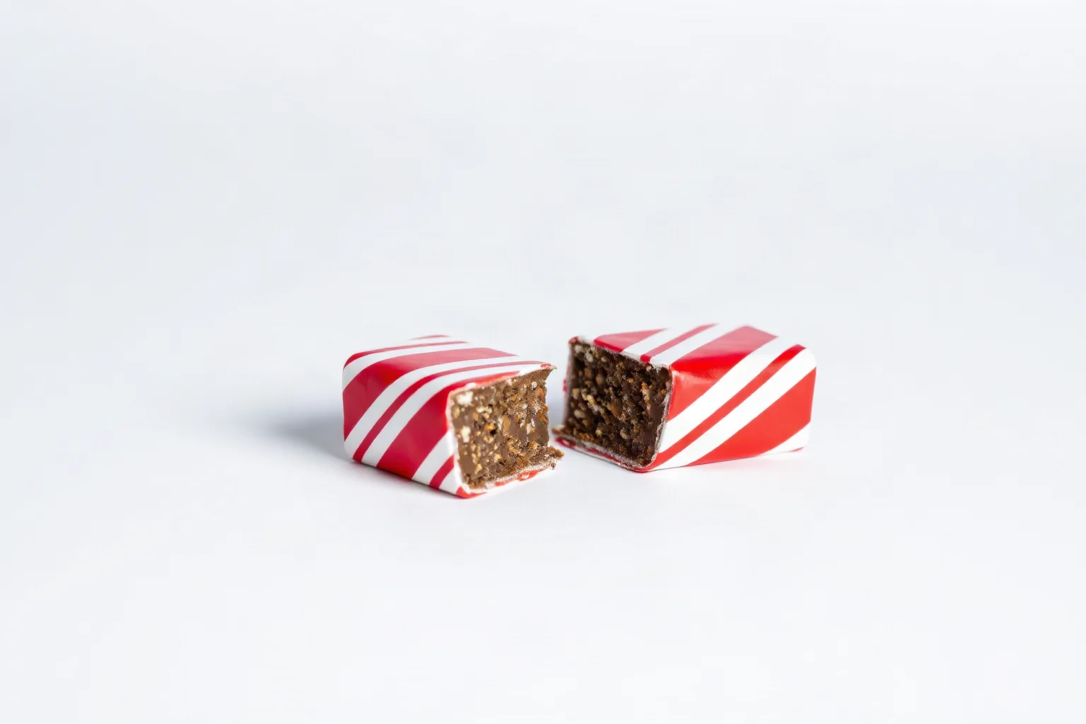 A red-and-white striped chocolate wafer bar snapped in half on a plain background, clean product-illustration style with no punctuation marks visible