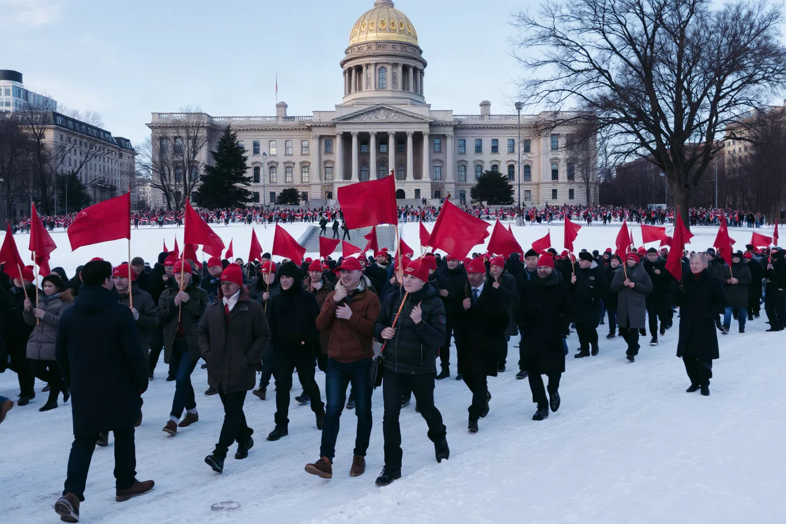 A red-bannered crowd marching before a grand government building in a snowy winter city