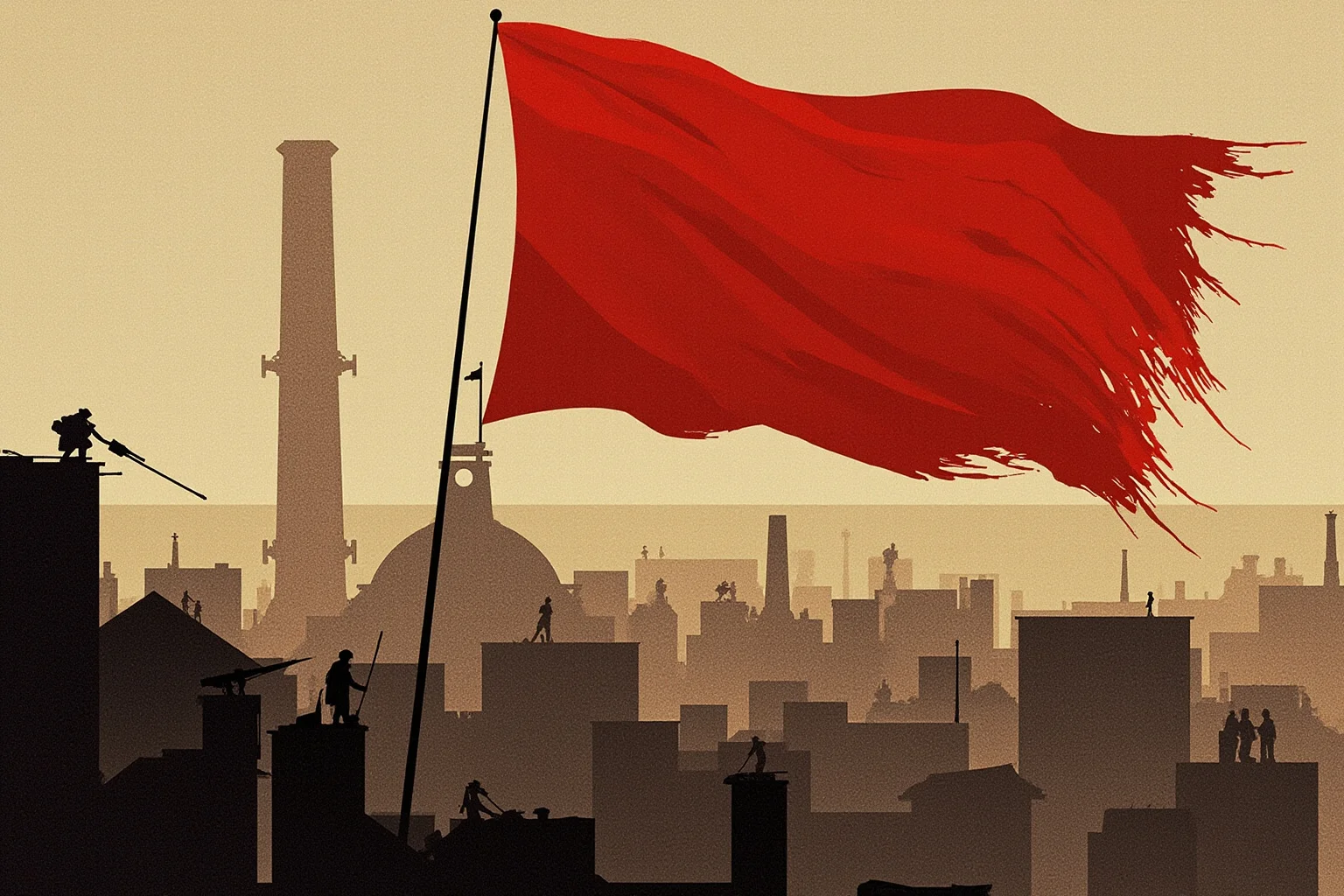 21 Beloved Historical Figures Who Are Controversial Today 12 A red flag and old industrial cityscape in muted tones, symbolic of an early 20th-century revolutionary movement, editorial illustration