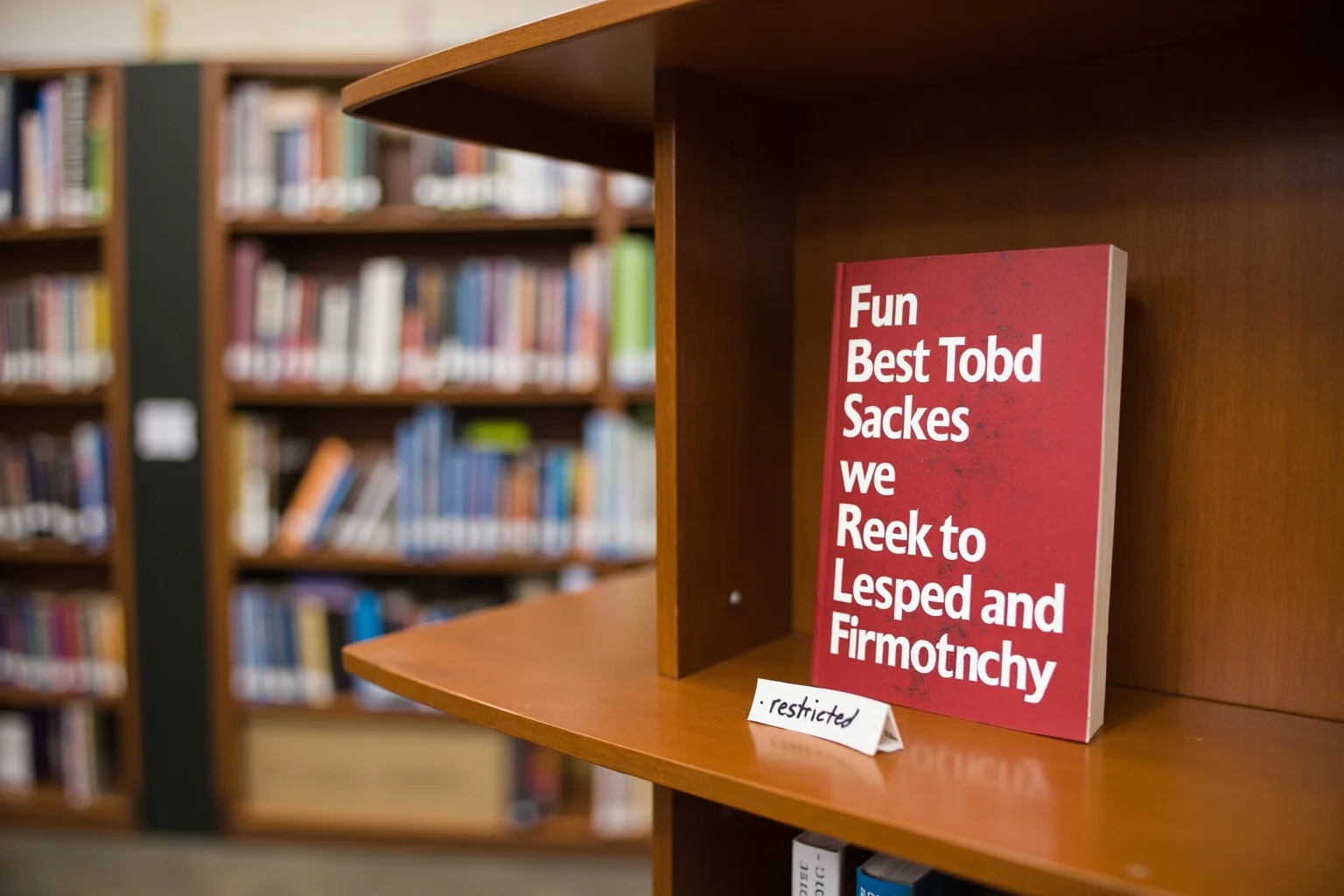 A red hardcover novel on a school library shelf beside a small 'restricted' placard