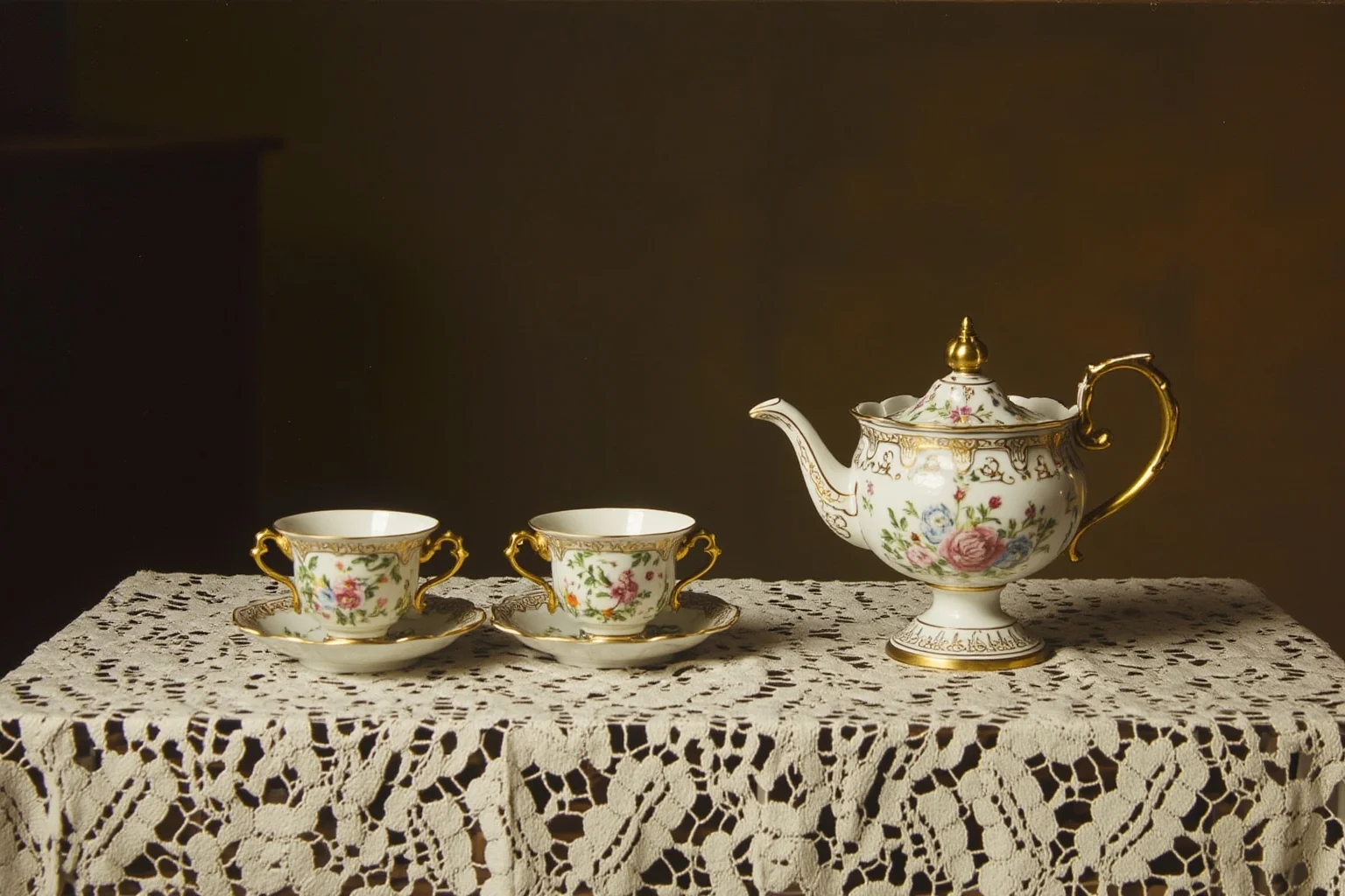 A refined 17th century English parlor scene with a porcelain teapot and cups set on a lace tablecloth
