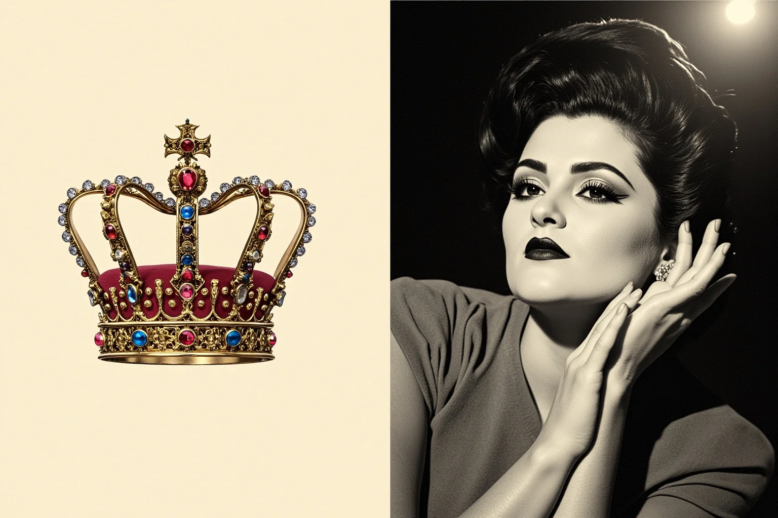 Historical Figures That Were Shockingly Born In The Same Year 12 A refined illustration contrasting a jeweled crown with a glamorous vintage film-star spotlight, symbolizing royalty and Hollywood glamour side by side