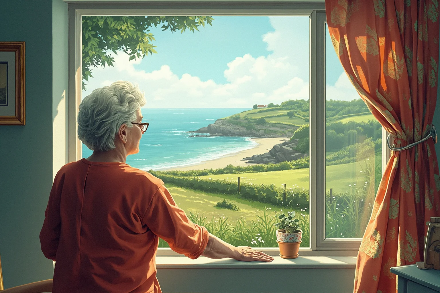 A reflective illustration of an elderly woman looking out at the sea from a quiet English countryside cottage