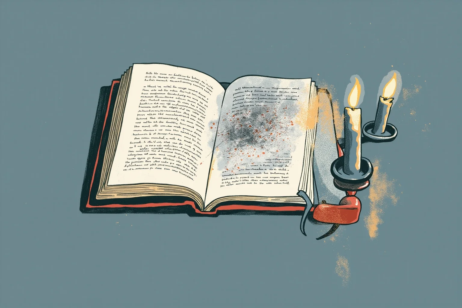 A reflective illustration of an open history book with a faded storm map and candle, symbolizing remembrance