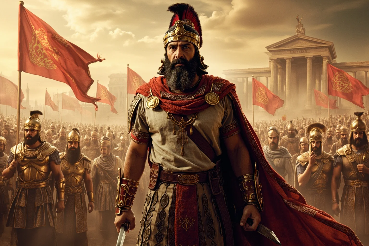 25 Captivating Facts About the Persian Empire 3 A regal ancient Persian king figure standing before a crowd, symbolizing the founding of an empire, stylized historical illustration