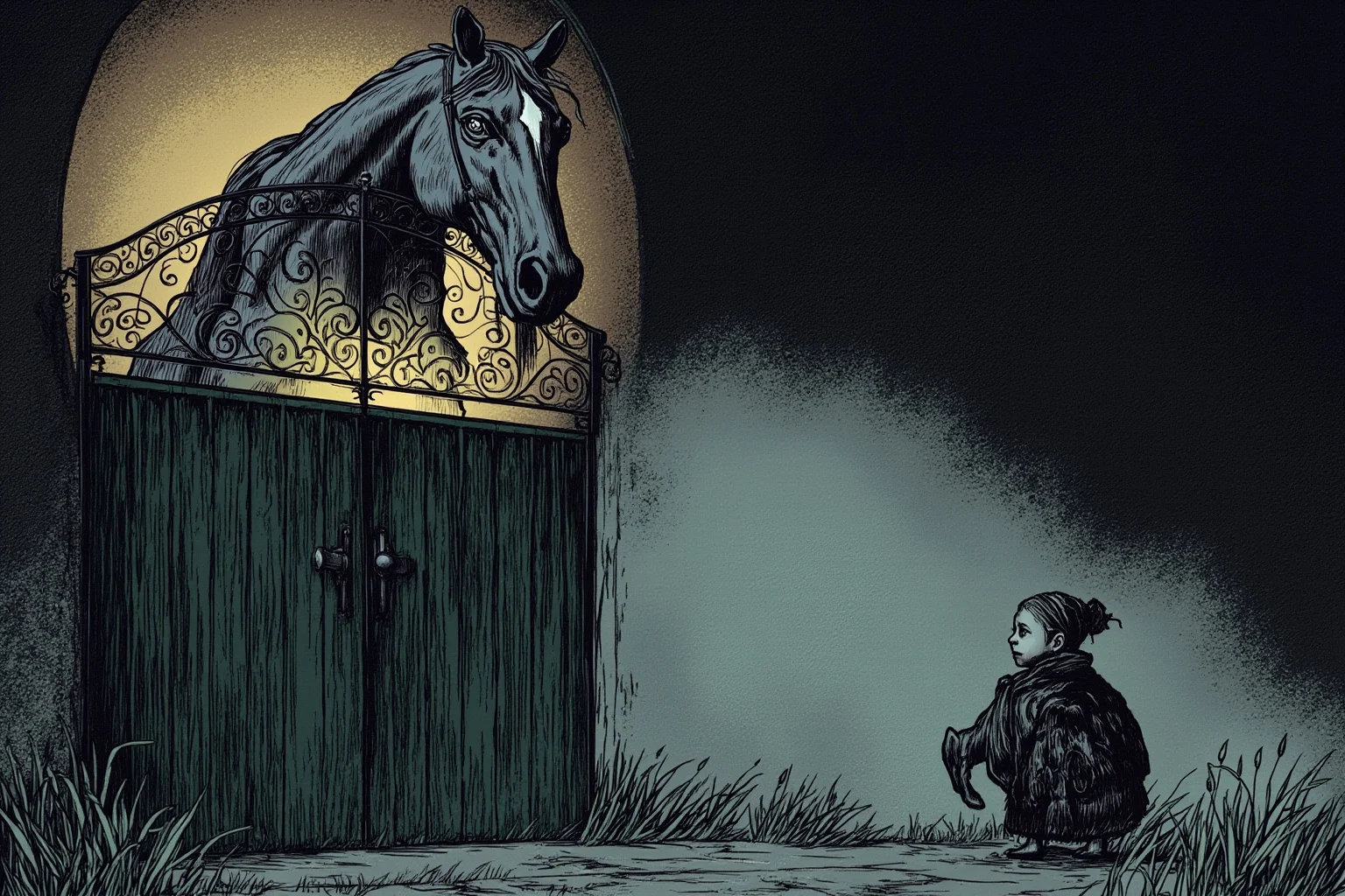 Grim Childhoods Indeed: The 20 Darkest Brothers Grimm Fairy Tales 15 A regal but eerie illustration of a horse's head mounted above a castle gate with a young goose girl standing nearby