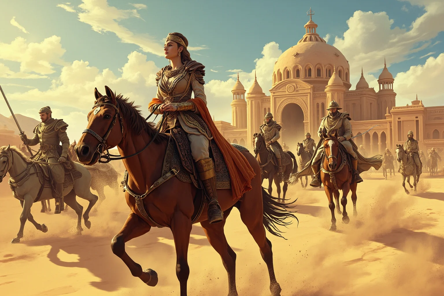 Wars Started By Women: The Rebel Queens Who Changed History 7 A regal Middle Eastern warrior queen on horseback leading cavalry across a desert trade city, illustrated historical style