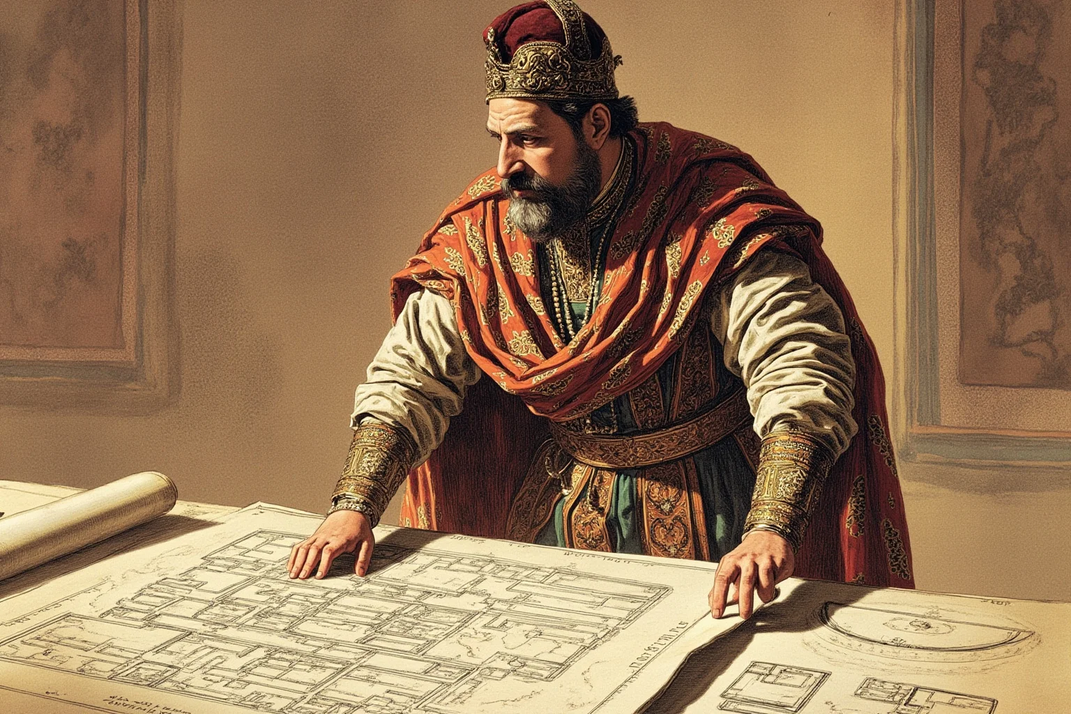 A regal Mughal emperor figure in ornate robes overseeing architectural plans laid on a table, historical illustration style