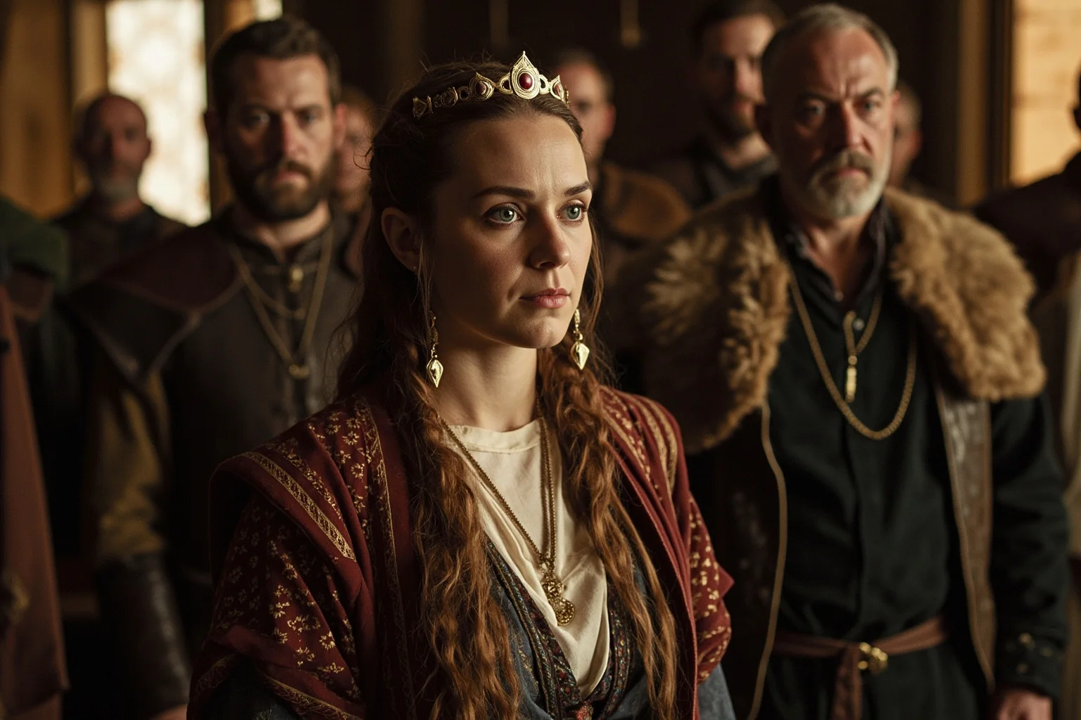 20 Greatest Vikings in History 17 A regal Norse woman in fine Viking-age dress standing in a great hall surrounded by advisors, historical illustration style