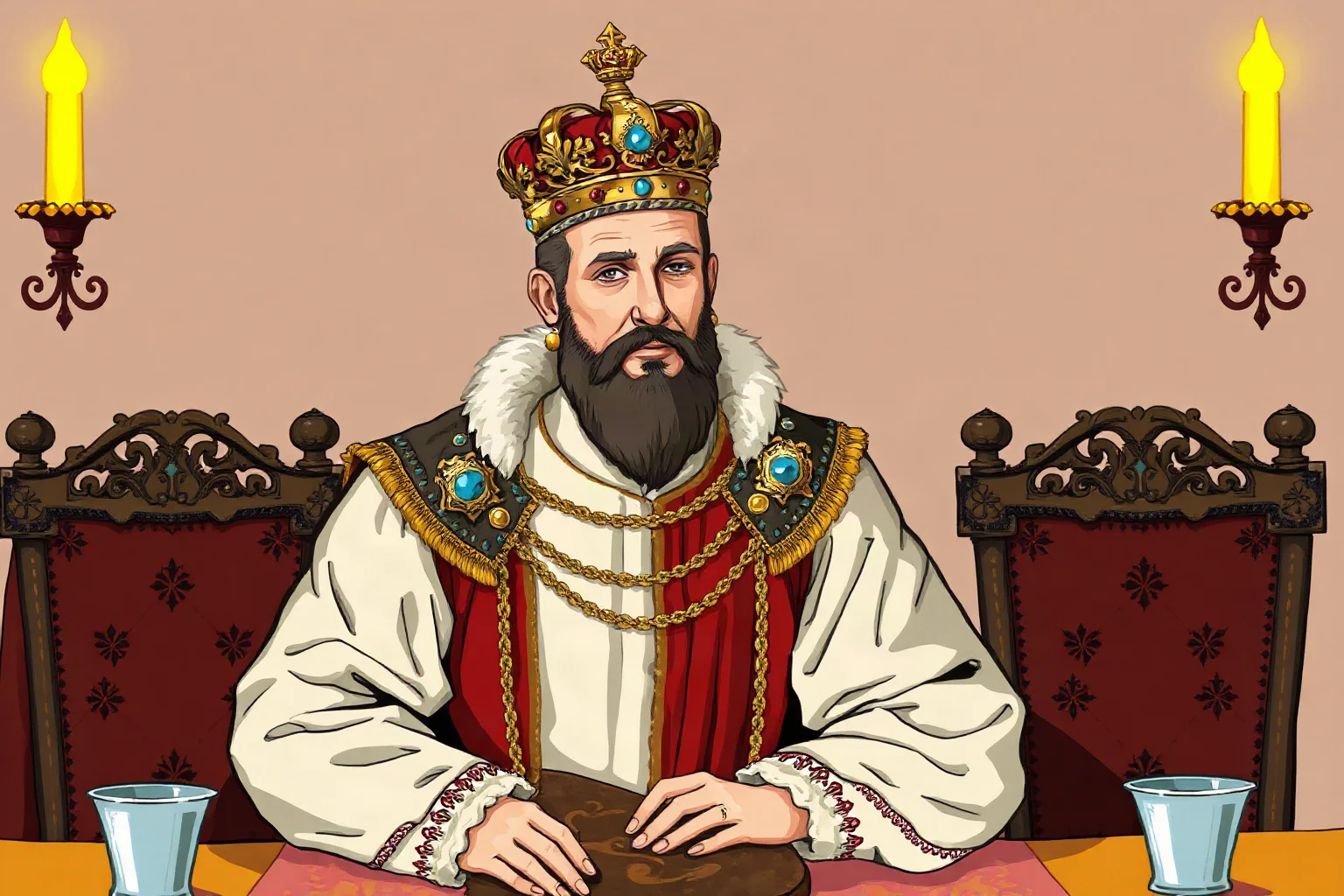 A regal Renaissance-era king in ornate robes and a jeweled crown seated at a banquet table, illustrated historical portrait style