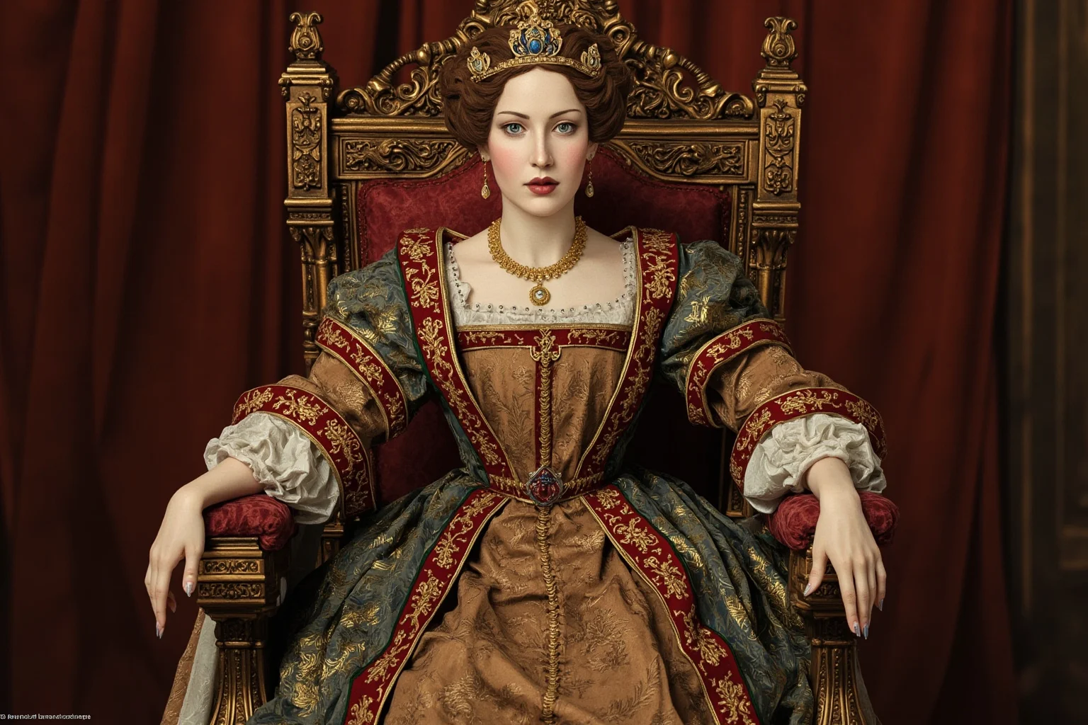 A regal Renaissance-era queen in an ornate gown seated on a throne, illustration style, no recognizable real face