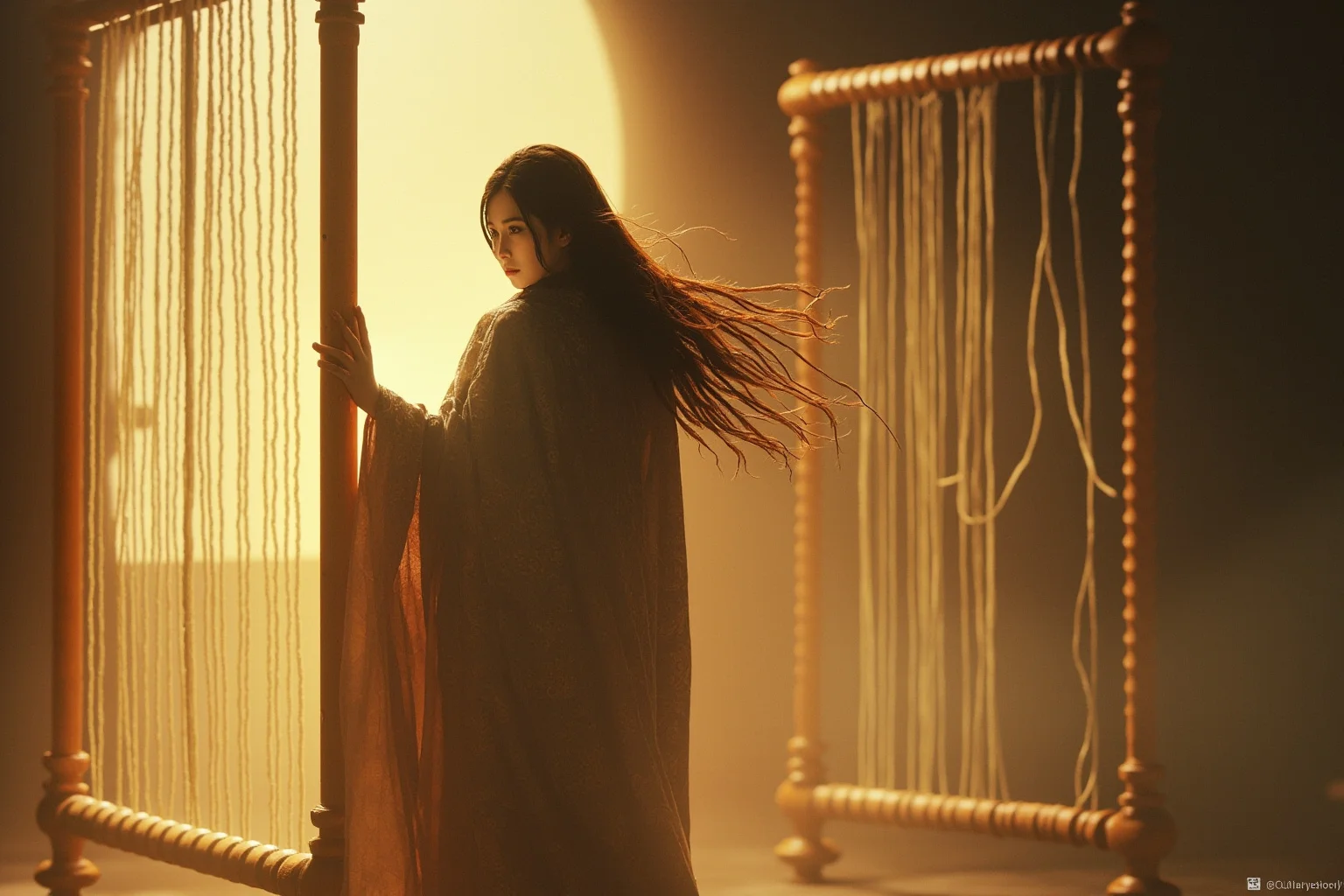 From Thor to Loki: 20 Gods, Goddesses, and Heroes of Norse Mythology 3 A regal woman in flowing robes standing at a loom with a distant, knowing expression, soft golden light, fantasy illustration