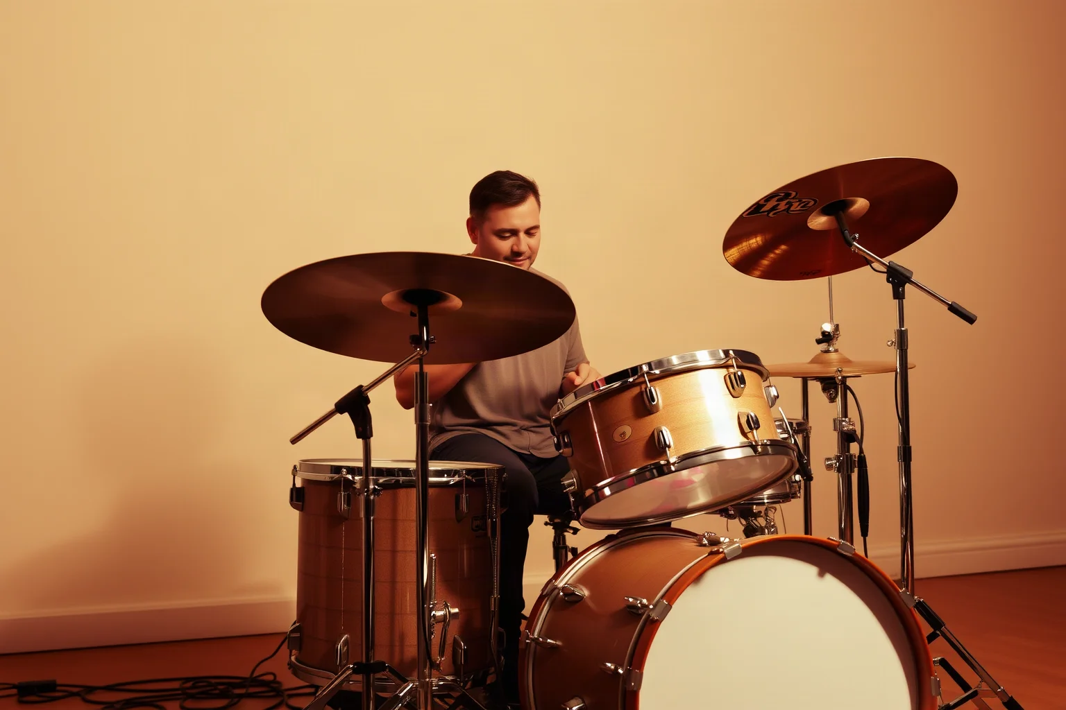 A relaxed drummer with a classic four-piece kit playing steady and understated, warm studio lighting