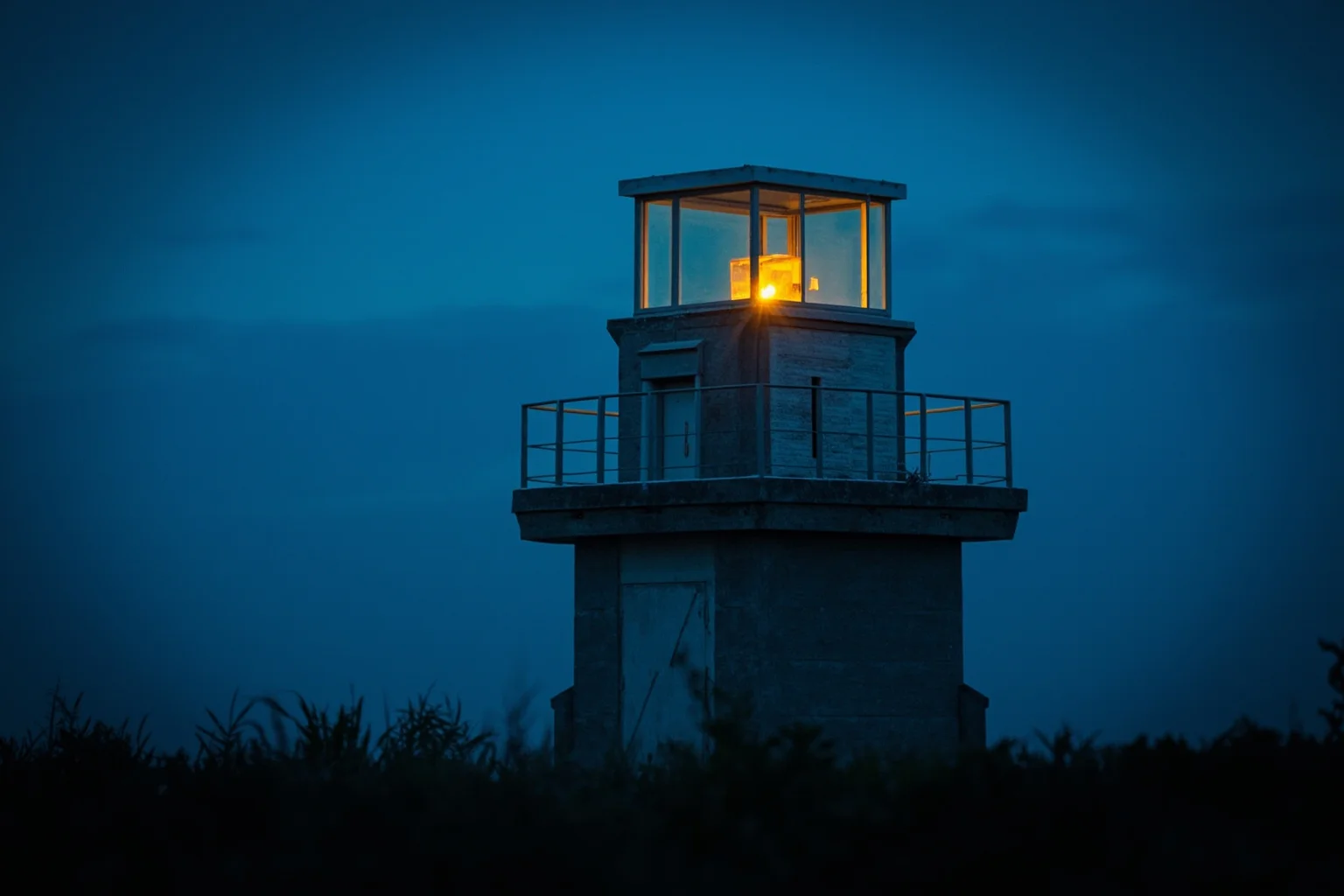 A remote automated lighthouse beacon glowing at dusk with no visible keepers nearby