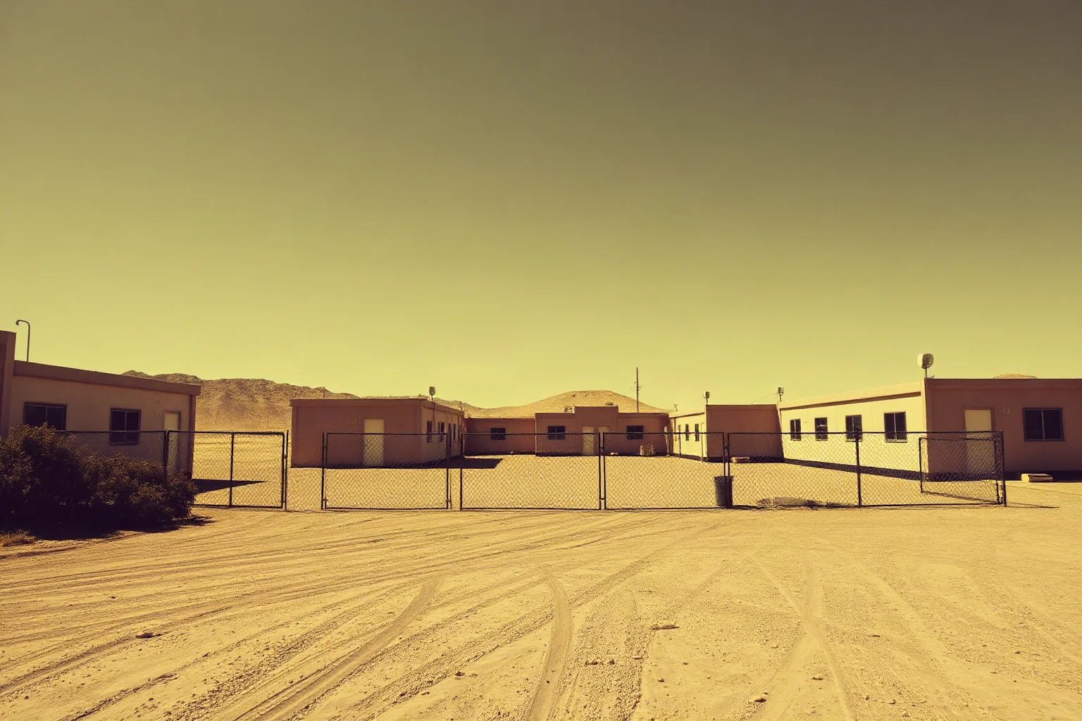 A remote desert laboratory compound with guarded fences under a vast open sky, evoking wartime secrecy