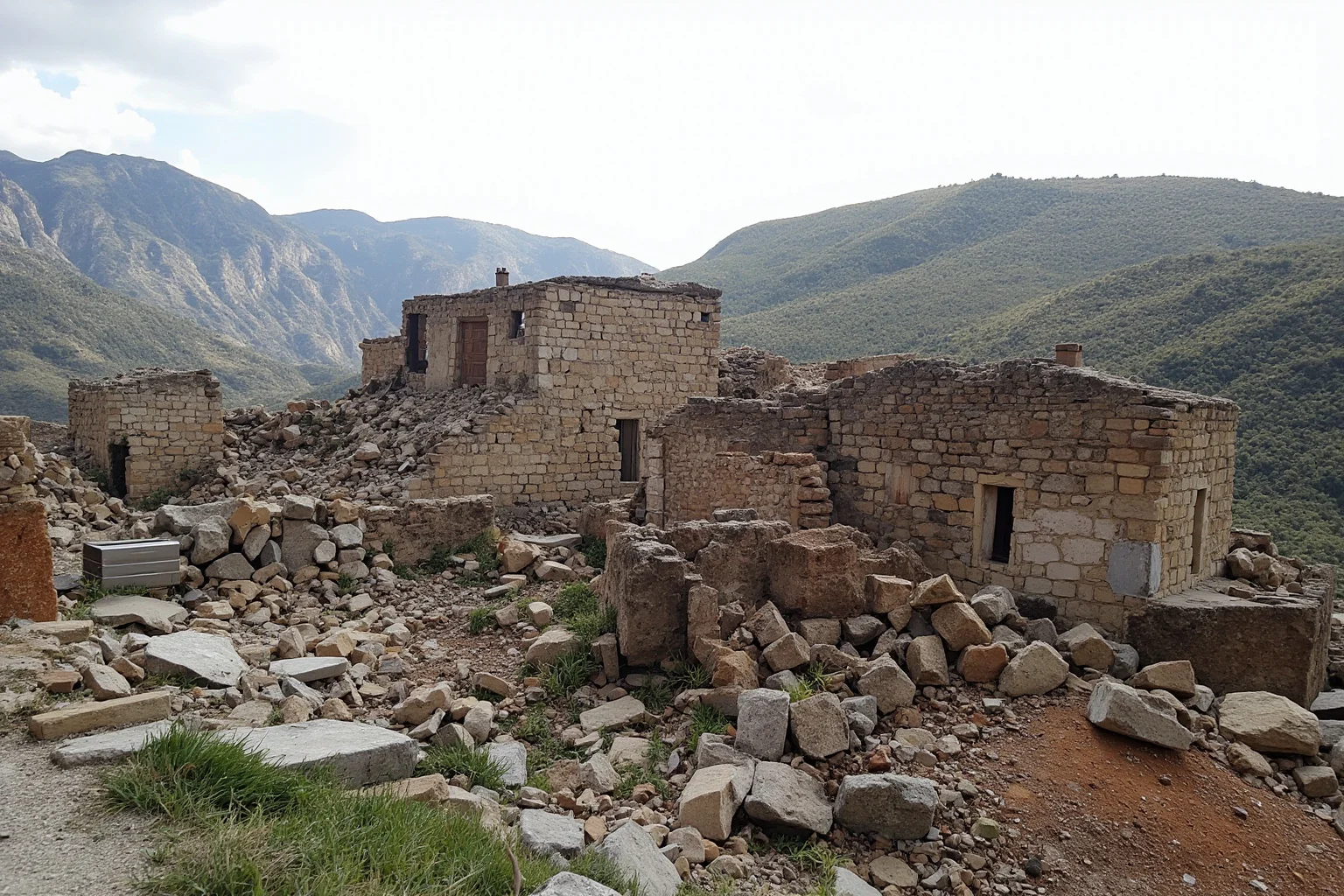 A remote mountainous village with collapsed stone houses after a major earthquake
