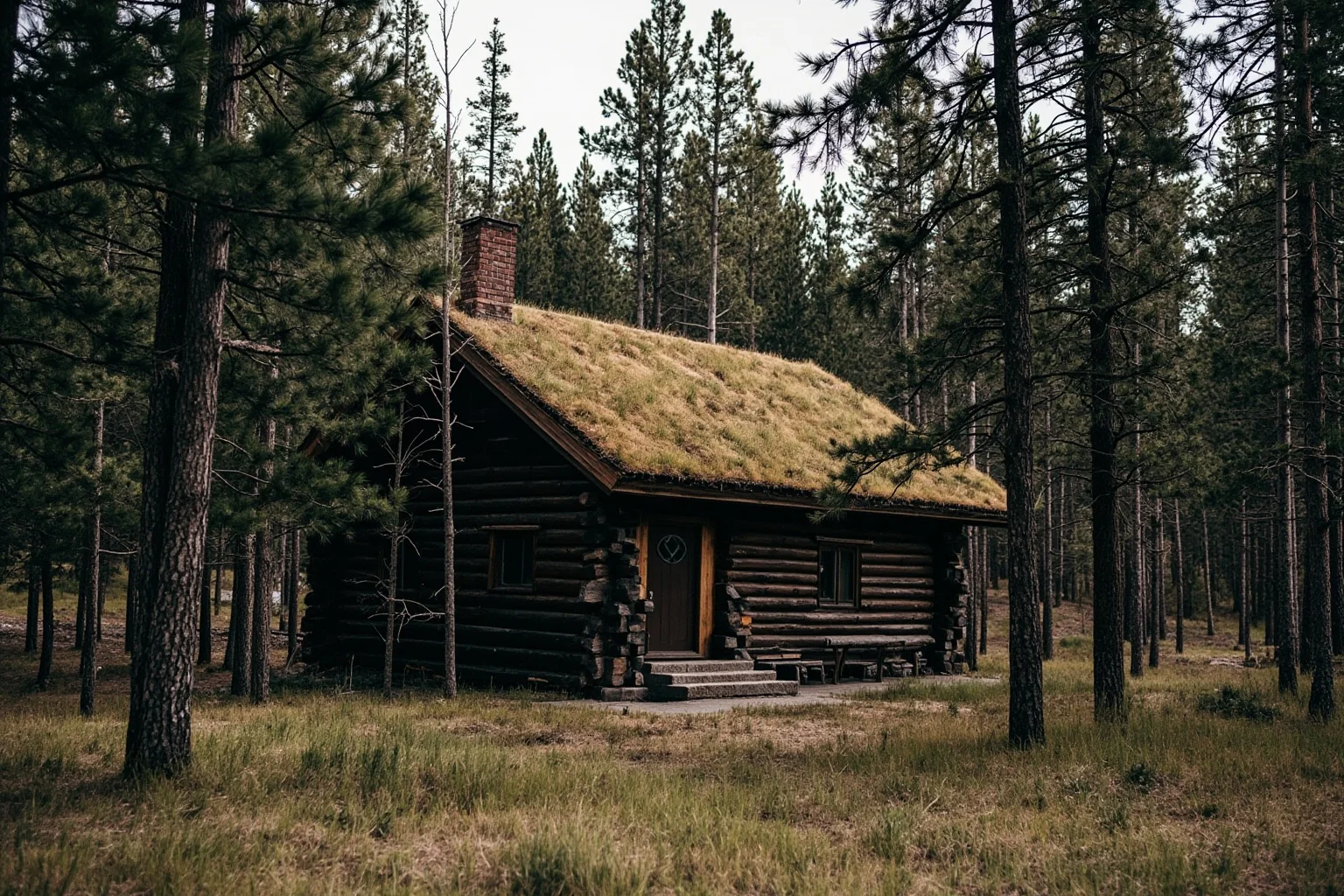 A remote wooded cabin in Montana surrounded by pine trees, evoking a reclusive bomber's hideout
