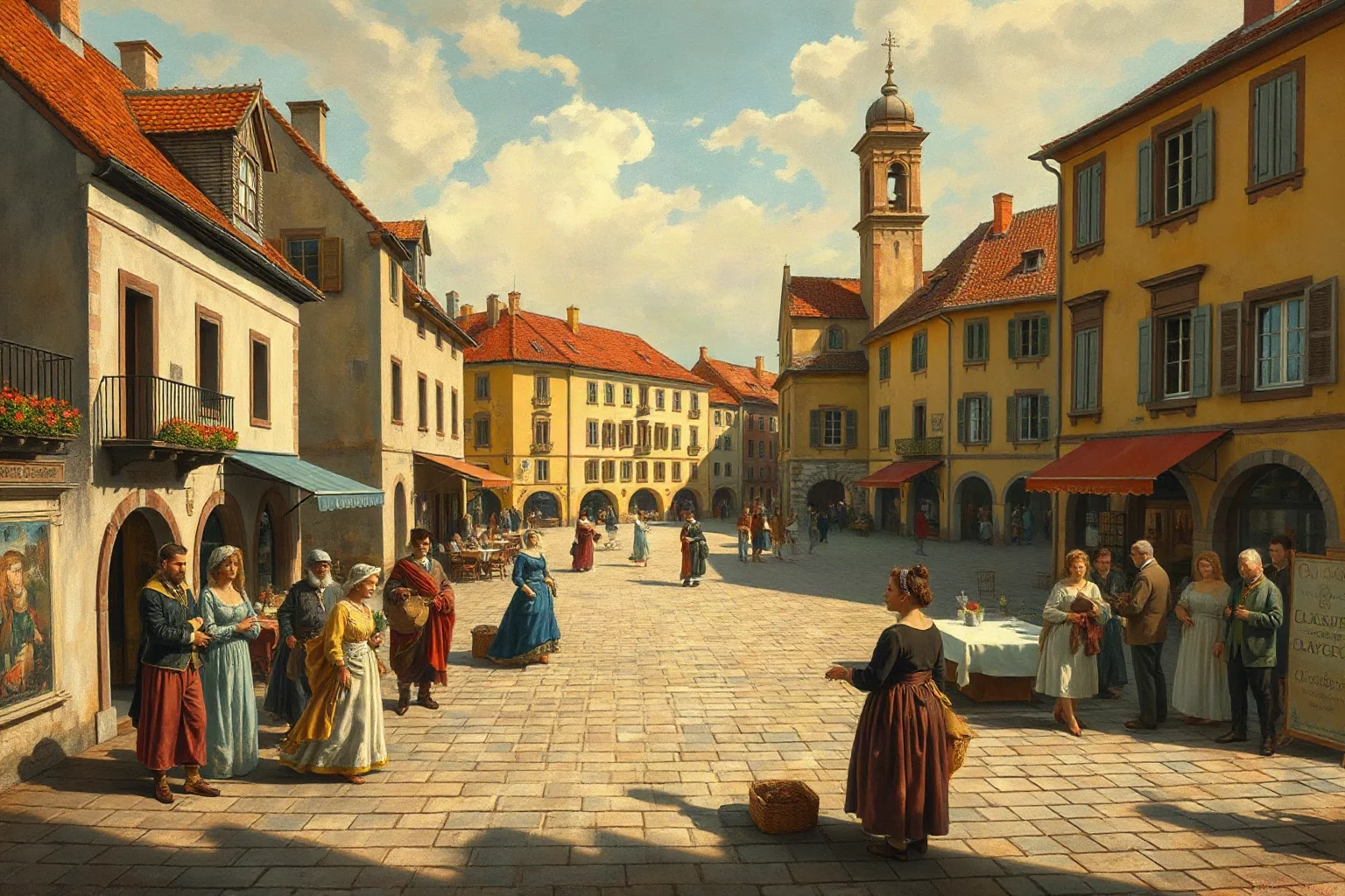 A Renaissance-era European town square illustration evoking historical syphilis outbreaks, classical painting style