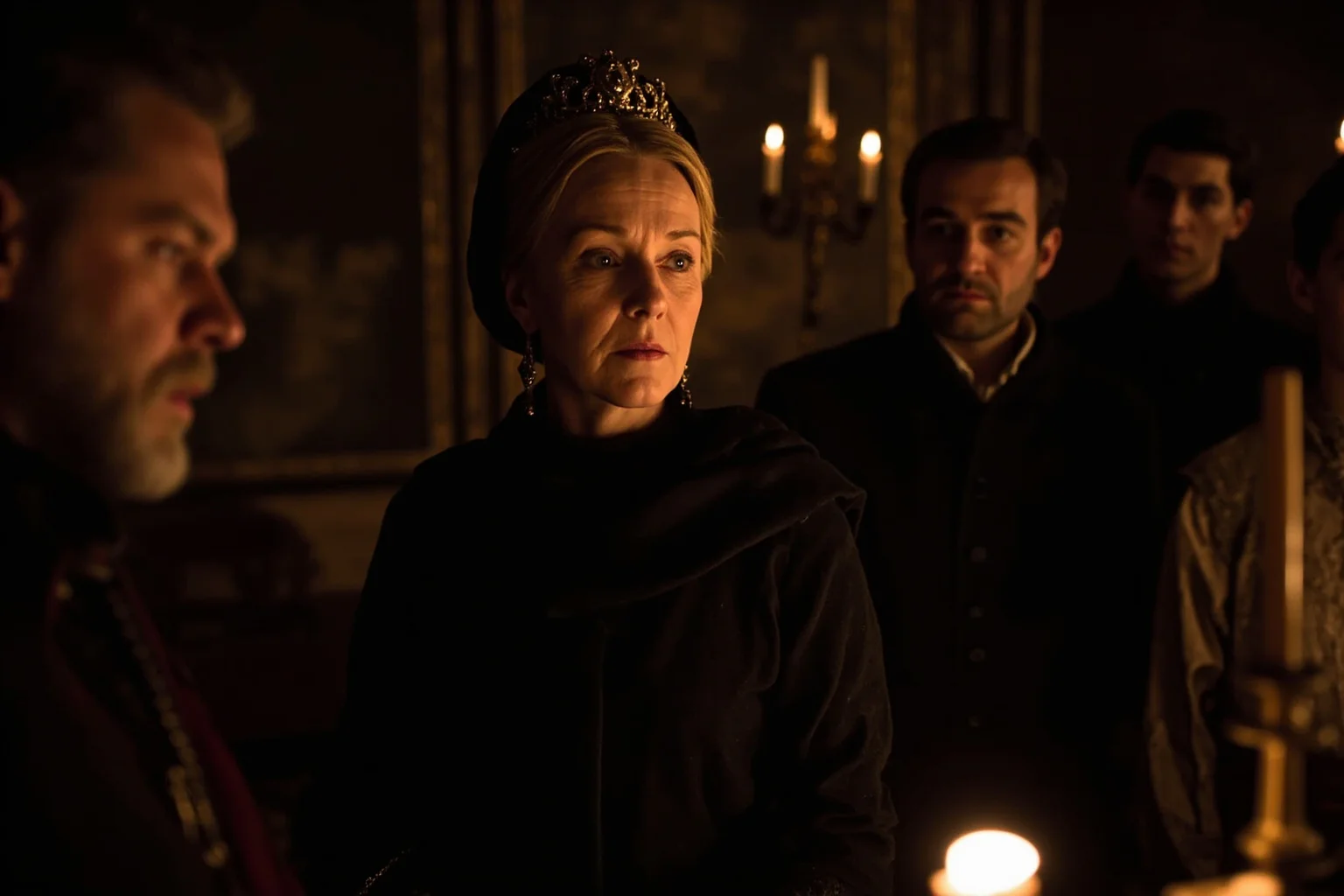 Wars Started By Women: The Rebel Queens Who Changed History 13 A Renaissance-era French queen mother in dark royal attire conferring quietly with advisors in a candlelit palace room