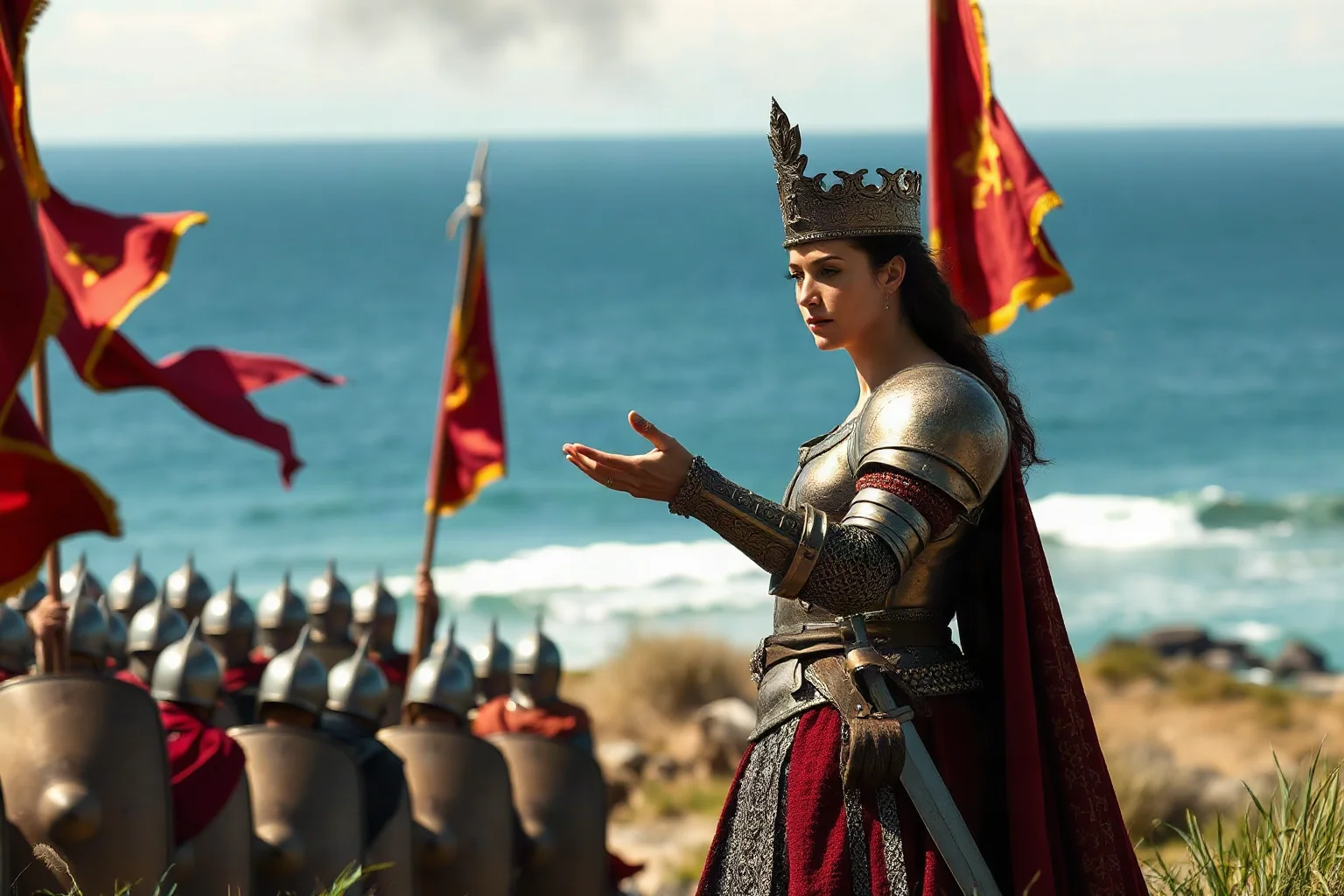 A Renaissance-era queen in armor addressing rows of soldiers near a coastline, banners waving