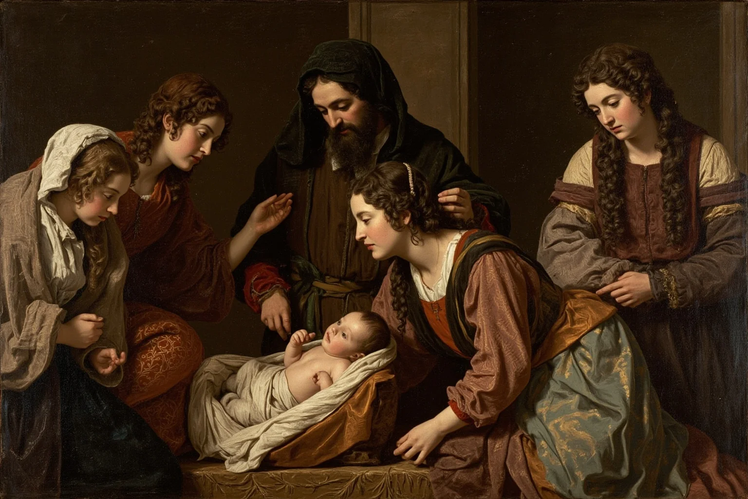 A Renaissance-era Scottish castle nursery scene with a swaddled infant and attendants in 16th-century dress, oil painting style