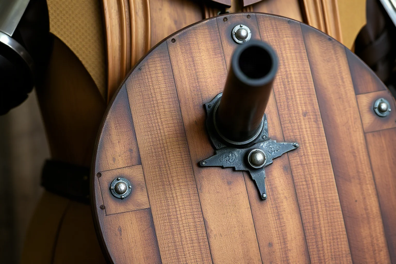 A Renaissance-era wooden shield fitted with a small gun barrel, associated with Tudor-era armories