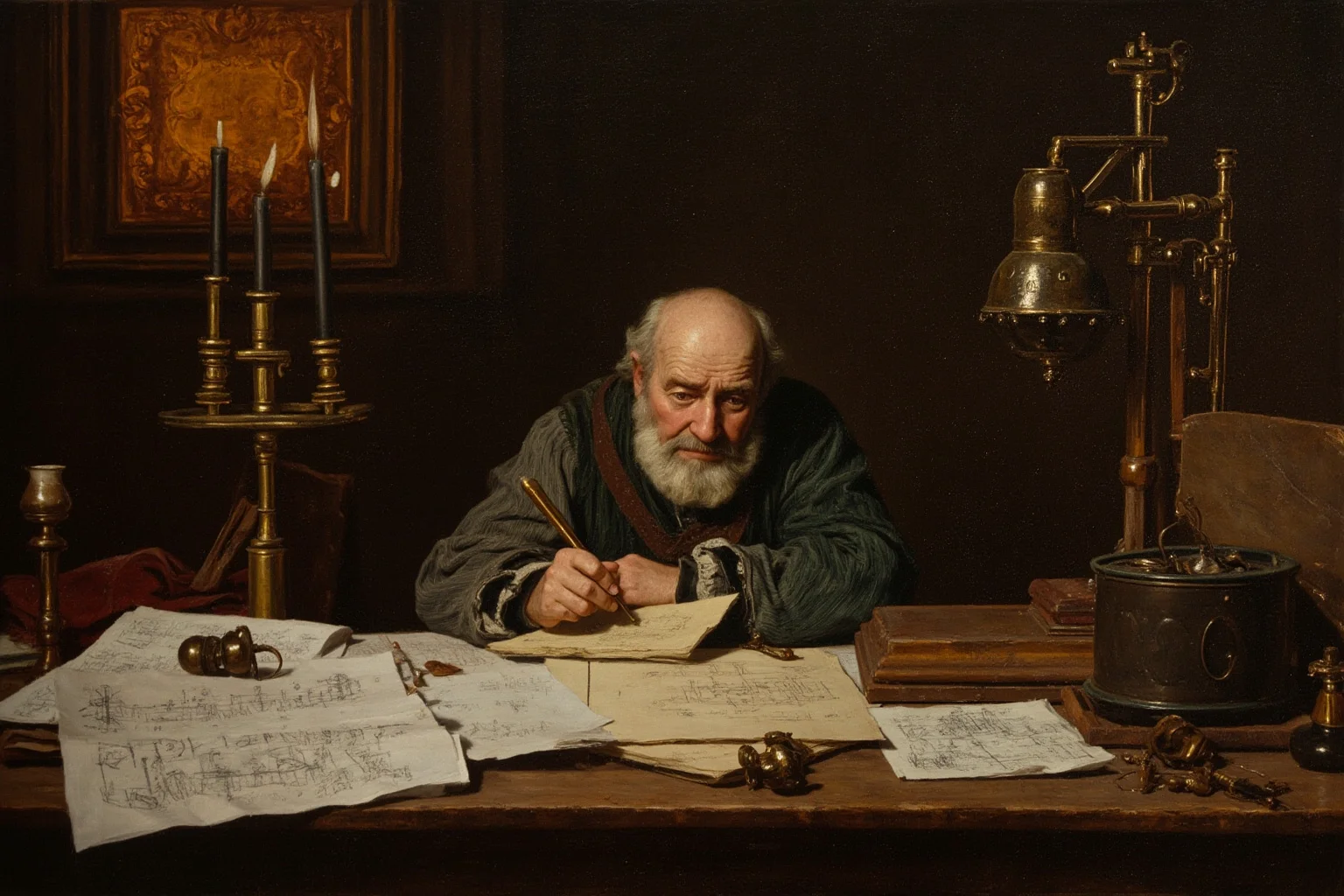 Most Interesting People in History: 22 Figures Who Shaped the World 5 A Renaissance inventor surrounded by mechanical sketches and notebooks in a candlelit workshop, oil painting style