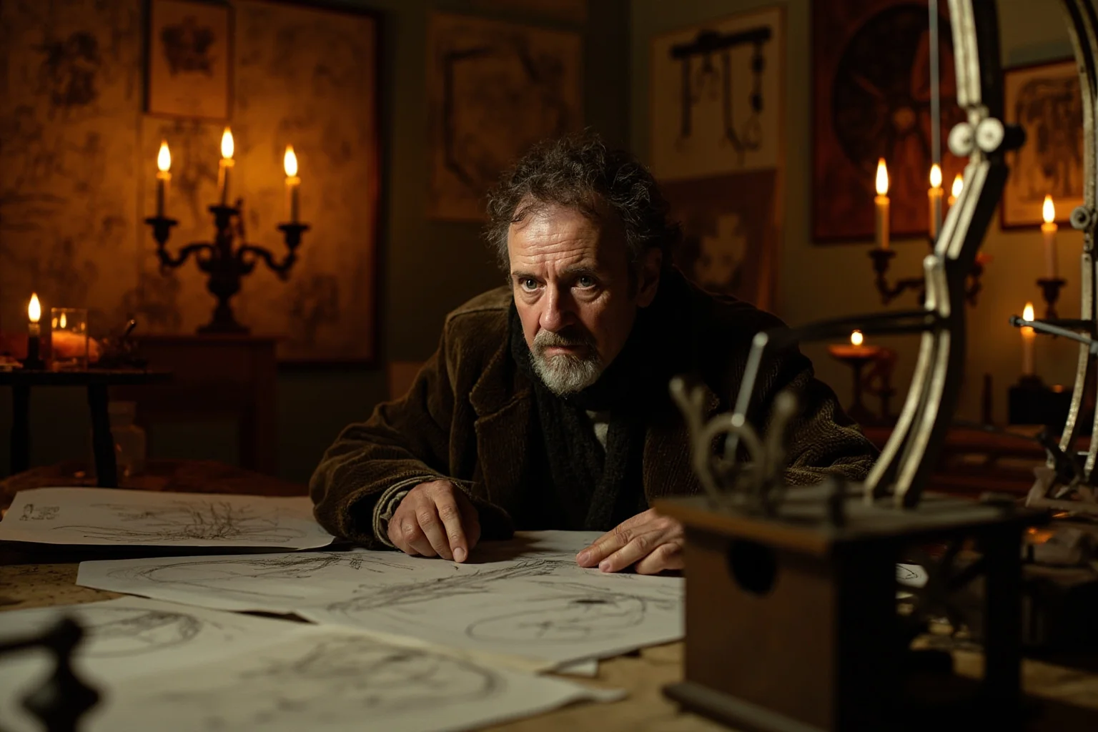 A Renaissance inventor surrounded by sketches of machines and anatomical drawings in a candlelit study