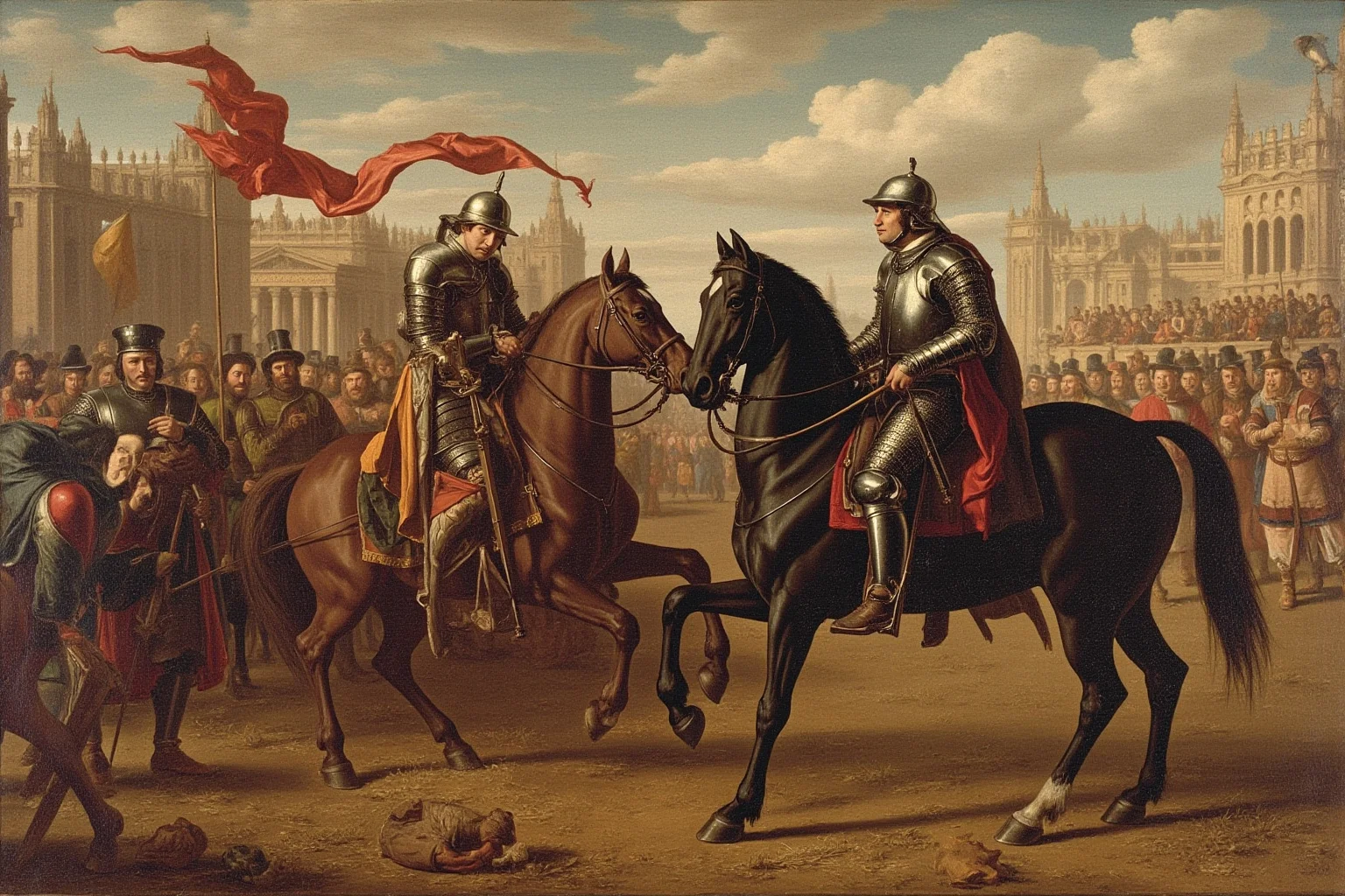 26 Facts About Nostradamus and His Predictions 14 A Renaissance jousting tournament scene with two armored knights on horseback, non-specific figures