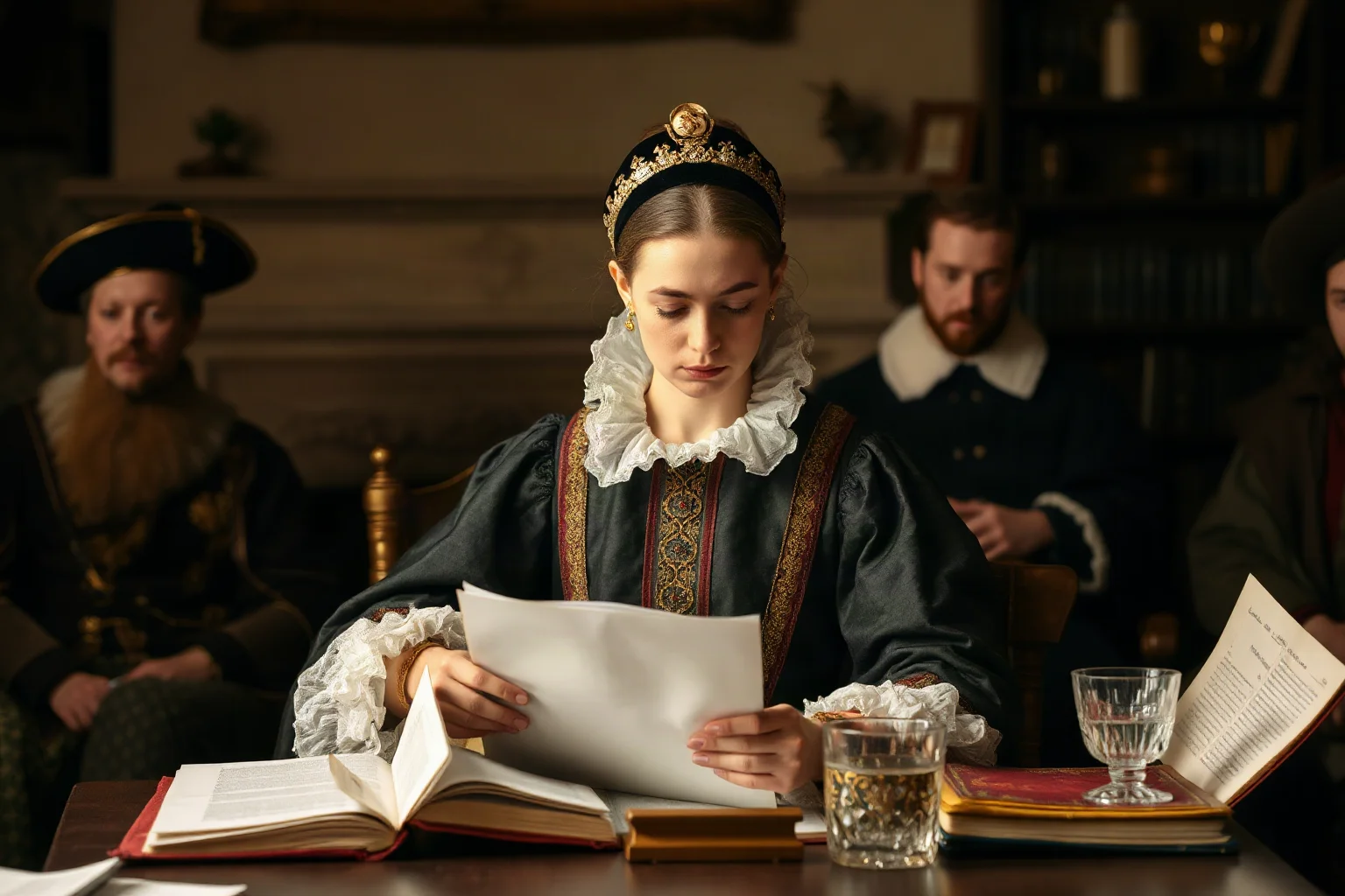 A Renaissance noblewoman in formal dress, overseeing administrative duties in her duchy with documents and trusted advisors present