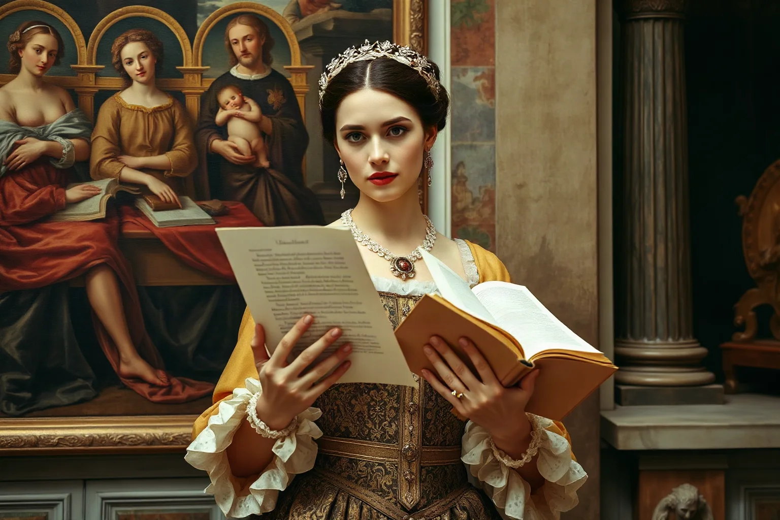 A Renaissance noblewoman poet in elegant period dress, holding pages of sonnets, with Michelangelo-era artistic elements in the background