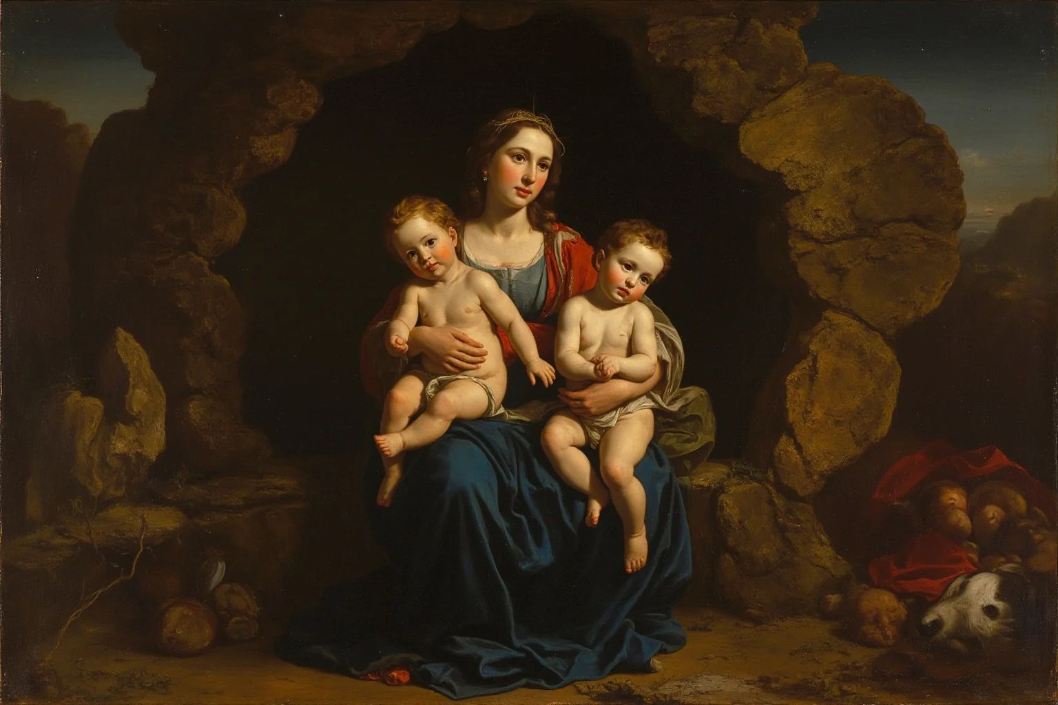 A Renaissance oil painting of a Madonna and two infants in a rocky grotto setting with soft atmospheric lighting