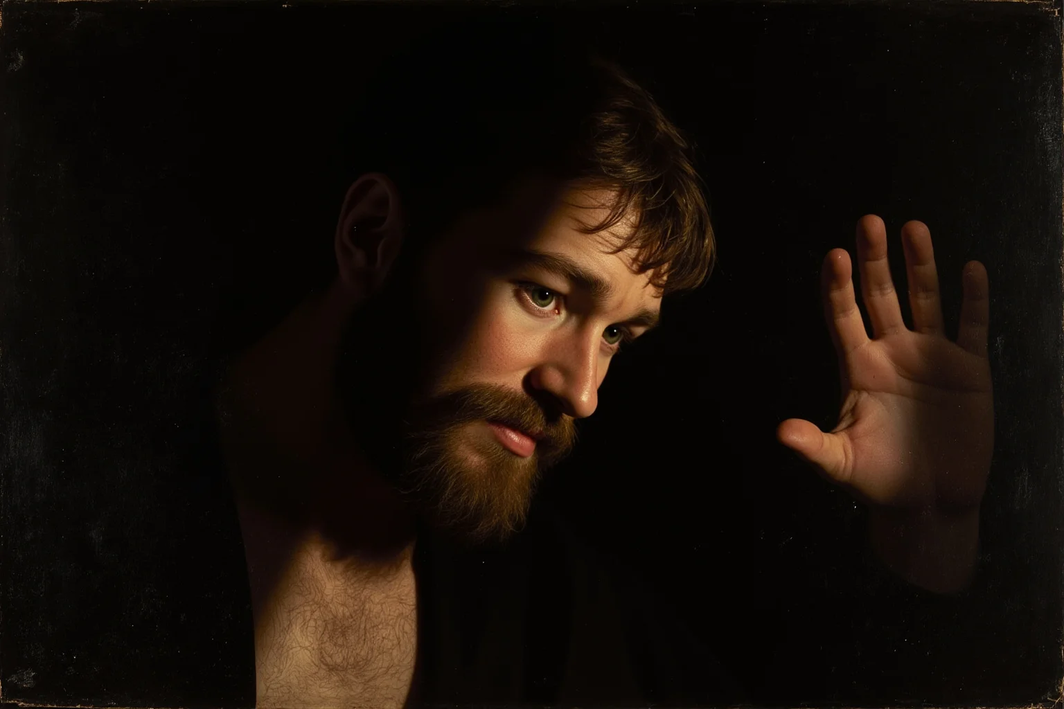 A Renaissance oil painting of a young bearded man emerging from shadow with a gentle smile, one hand raised, dramatic chiaroscuro lighting