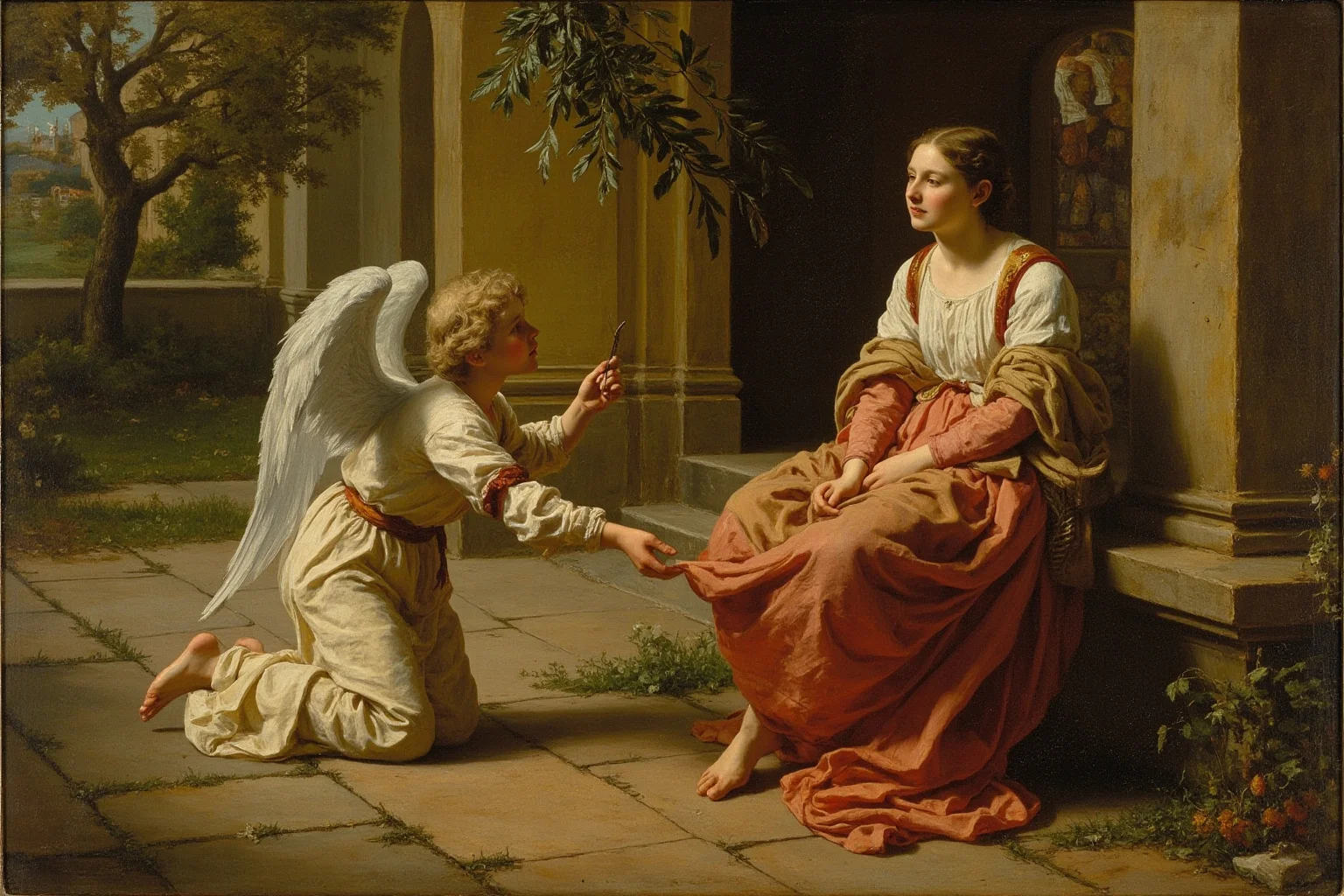 A Renaissance painting of an angelic figure kneeling before a seated young woman in a garden courtyard, soft golden light