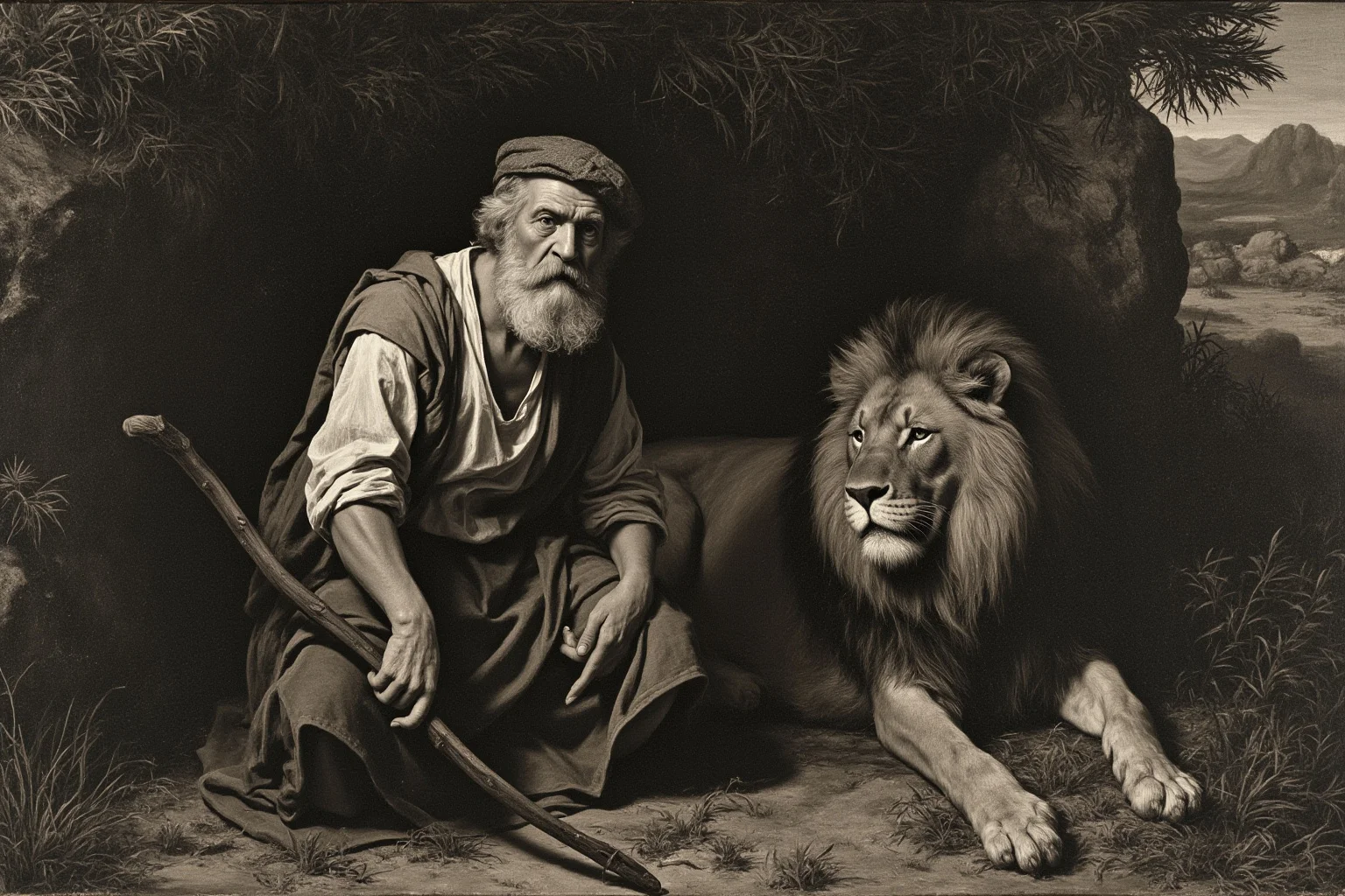 A Renaissance painting of an elderly bearded hermit kneeling in a rocky wilderness beside a lion, monochrome underpainting style