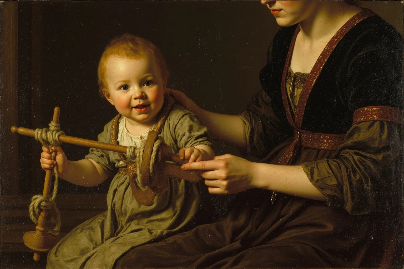 A Renaissance painting of an infant playing with a wooden cross-shaped yarnwinder held by a seated mother