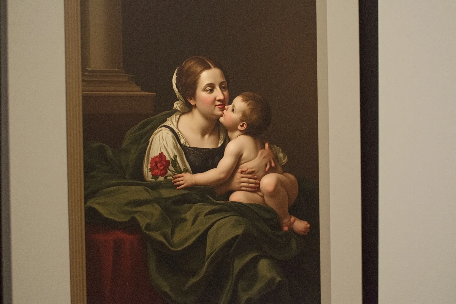 A Renaissance panel painting of a seated woman holding a carnation flower with an infant reaching toward her, muted tones
