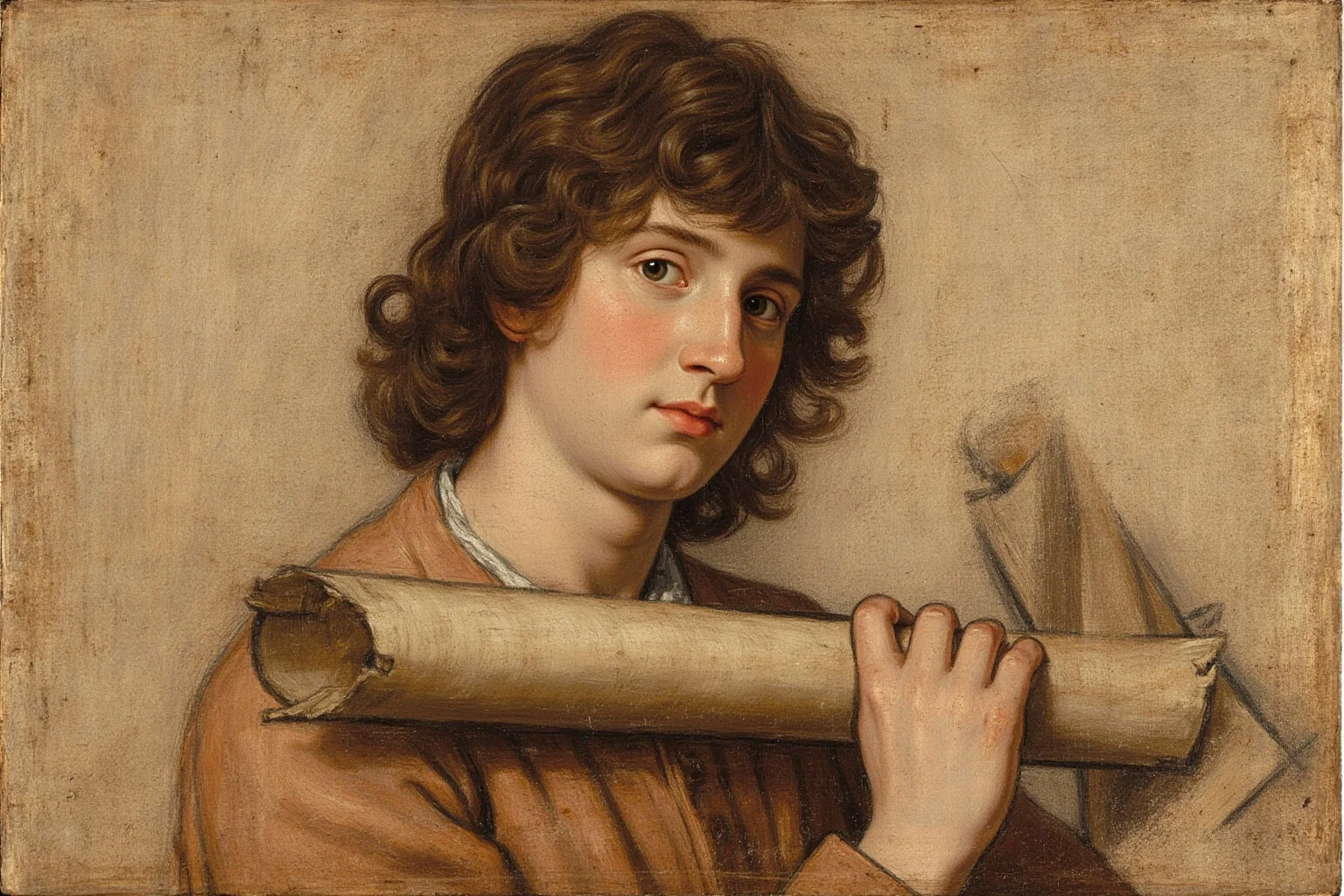 A Renaissance portrait of a young man with curling hair holding a rolled paper, unfinished sketch-like quality around the hands