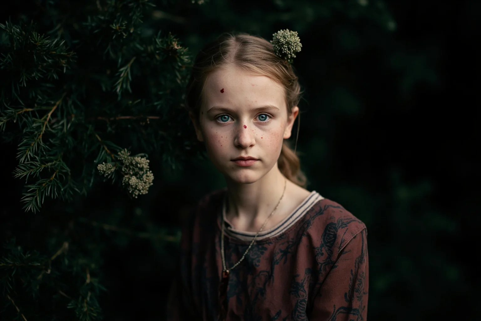 A Renaissance portrait of a young noblewoman with pale skin standing before a dark juniper bush background